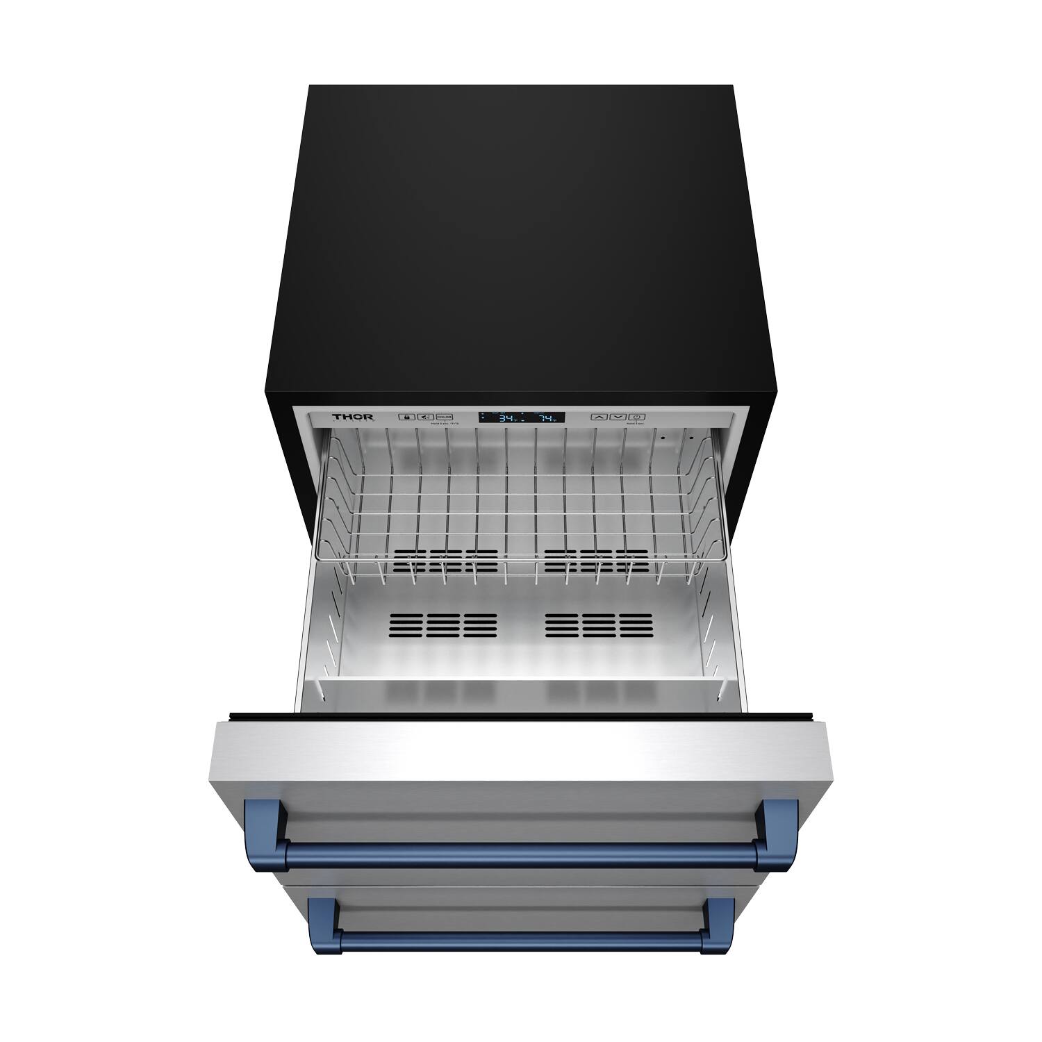 Back. Thor Kitchen - Gordon Ramsay Series by Thor Kitchen 24 Inch Indoor Outdoor Freezer Drawers with Navy Blue Hardware - Stainless Steel.