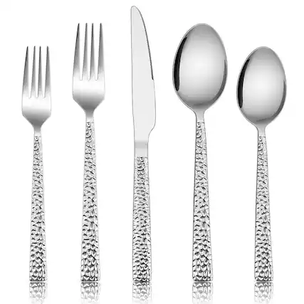 Front. Dazzed Corner - Hammered Silverware Set, 40-Piece Stainless Steel Square Flatware Set for 8 - Silver.