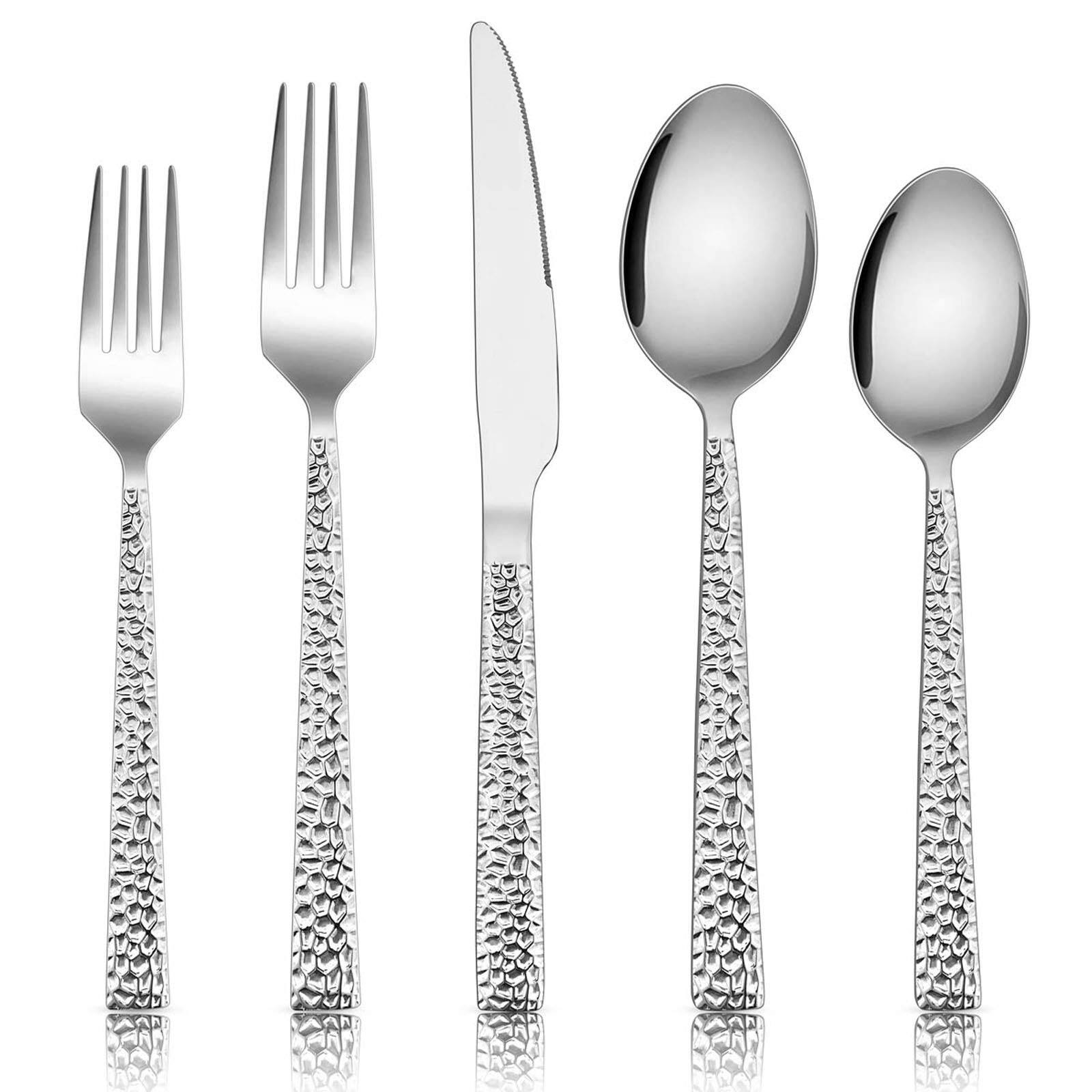 Dazzed Corner - Hammered Silverware Set, 40-Piece Stainless Steel Square Flatware Set for 8 - Silver