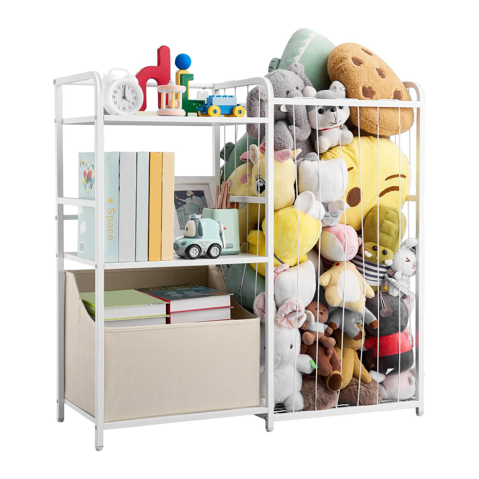 VEVOR - Kids Bookshelf and Toy Organizer, 2-Tier Storage Shelf with Fabric Bin, Ideal for Books, Toys, and More in Kids' Rooms - White