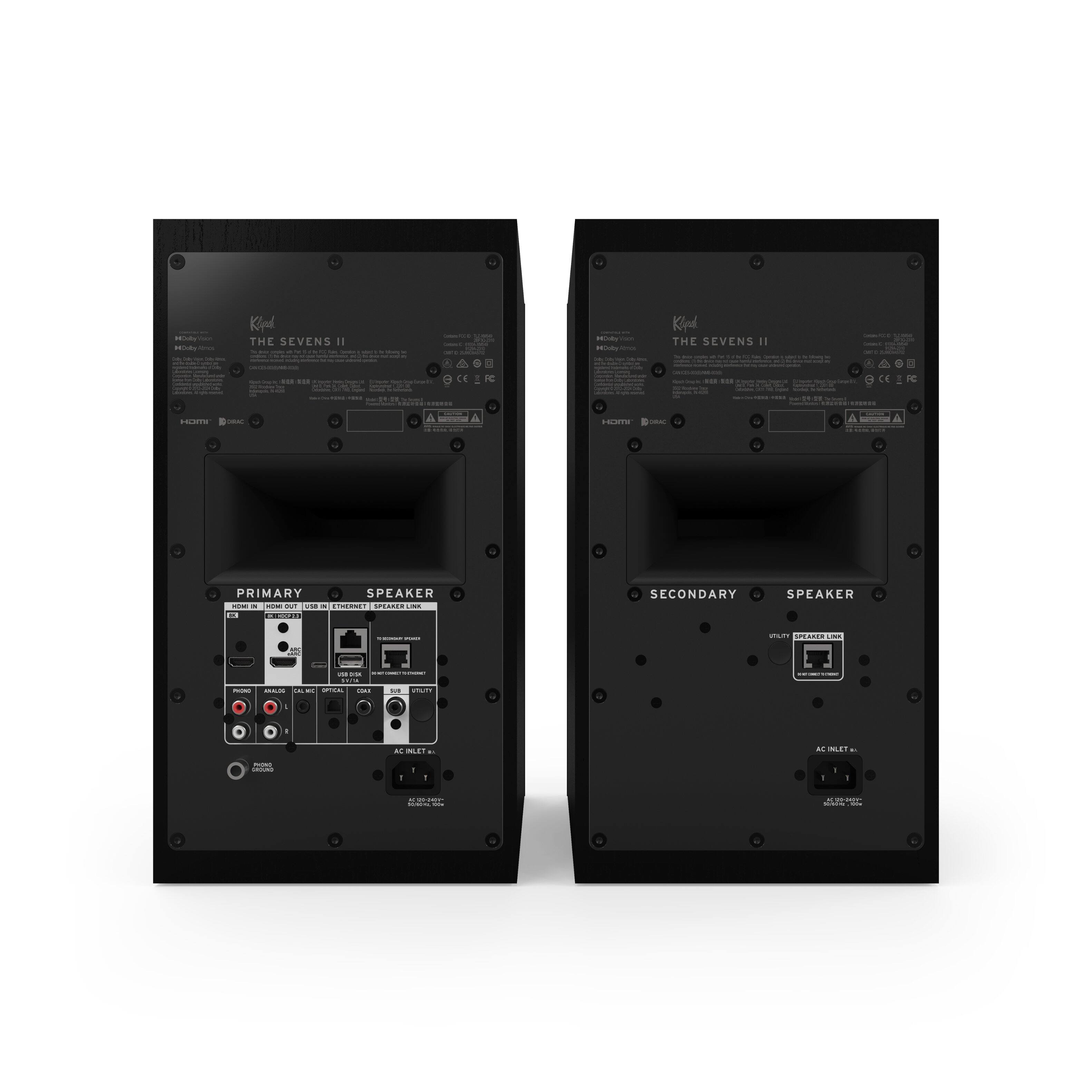 - Kid THE SEVENS II
- Klfd THE SEVENS II

PRIMARY SPEAKER
- HDMI IN
- HDMI OUT
- USB
- ETHERNET
- SPEAKER LINK
- PHONO
- AUX
- RCA
- OPTICAL
- USB
- UTILITY
- AC INLET

SECONDARY SPEAKER
- SPEAKER LINK
- AC INLET