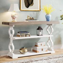 TinyHomie - 55in French Country Console Table - Farmhouse Sofa Table with 3 Storage Shelves Entryway Table - Grey and White