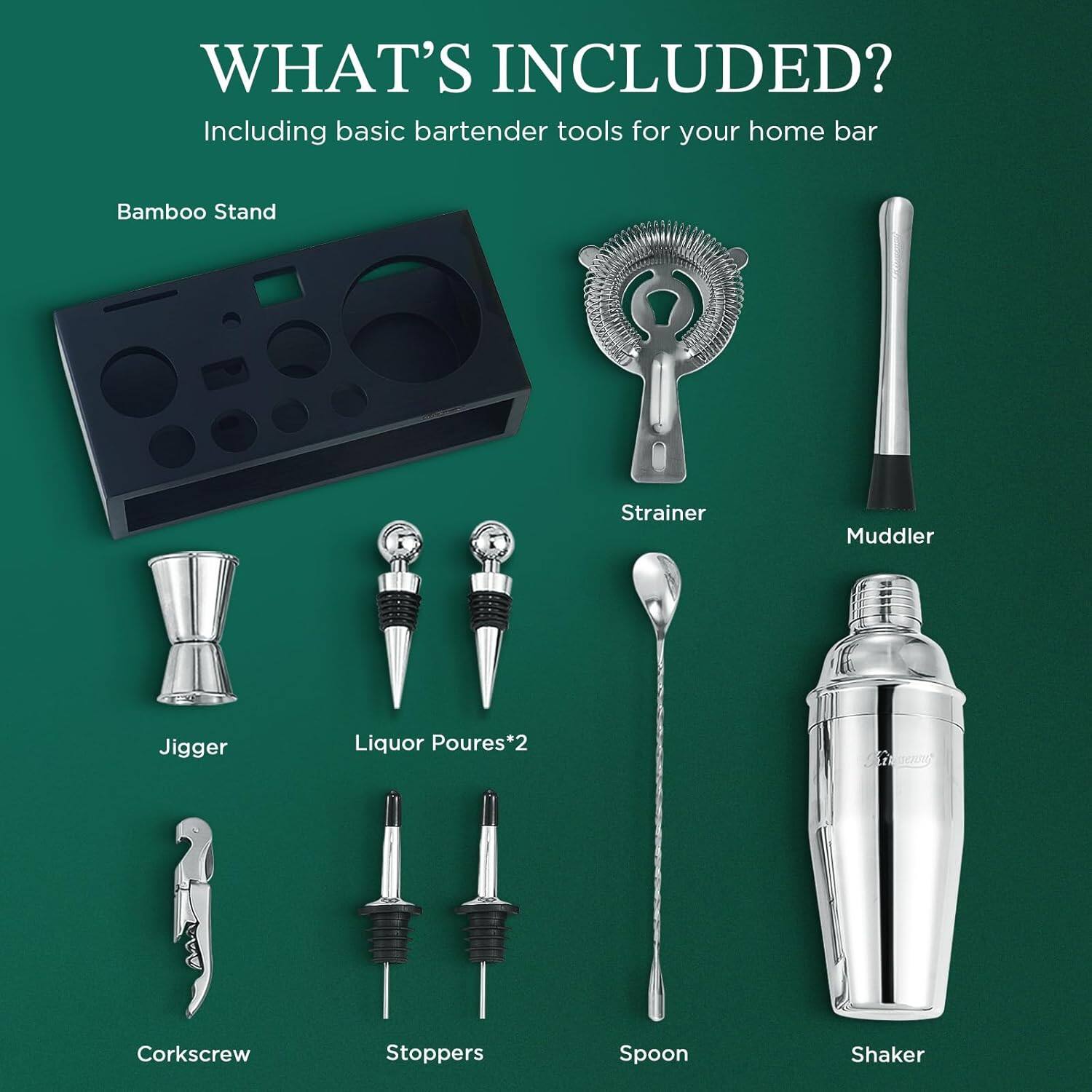 WHAT'S INCLUDED?  
Including basic bartender tools for your home bar  

- Bamboo Stand  
- Strainer  
- Muddler  
- Jigger  
- Liquor Pours*2  
- Corkscrew  
- Stoppers  
- Spoon  
- Shaker