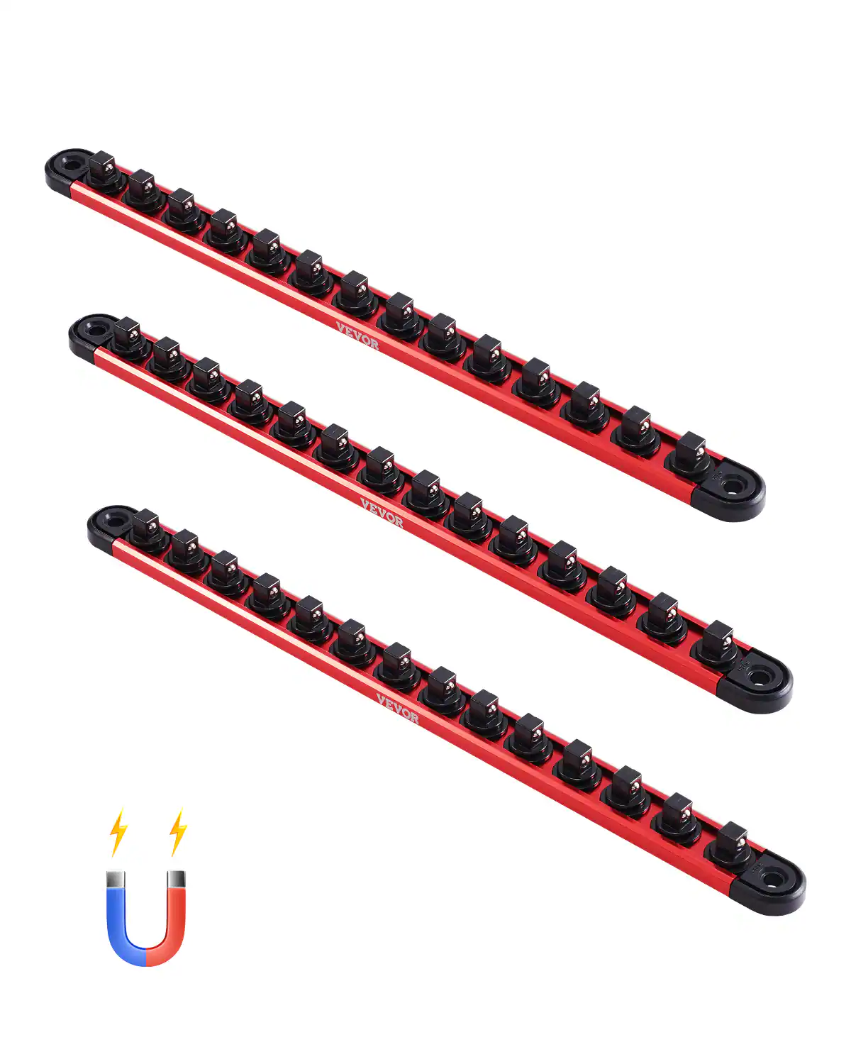 VEVOR - Socket Organizer Rail Set, 3PCS Metric & SAE Aluminum Socket Organizers, 1/4'', 3/8'' & 1/2'' Heavy-Duty Socket Holder - Red,Black