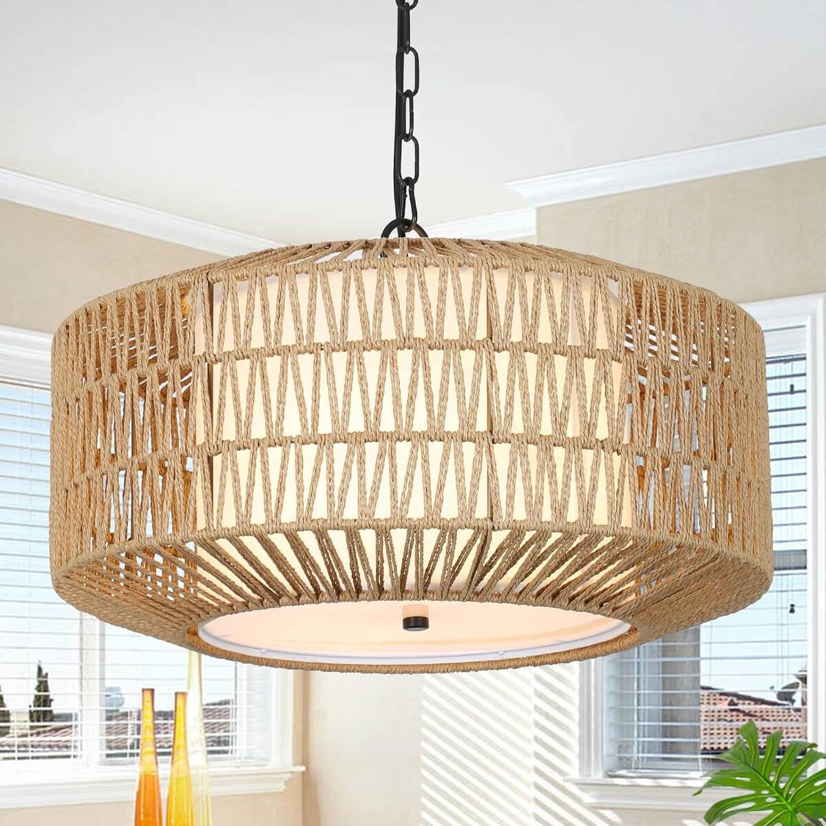 Loheer Four Light Rattan Chandelier, Farmhouse Dining Room Pendant with ...
