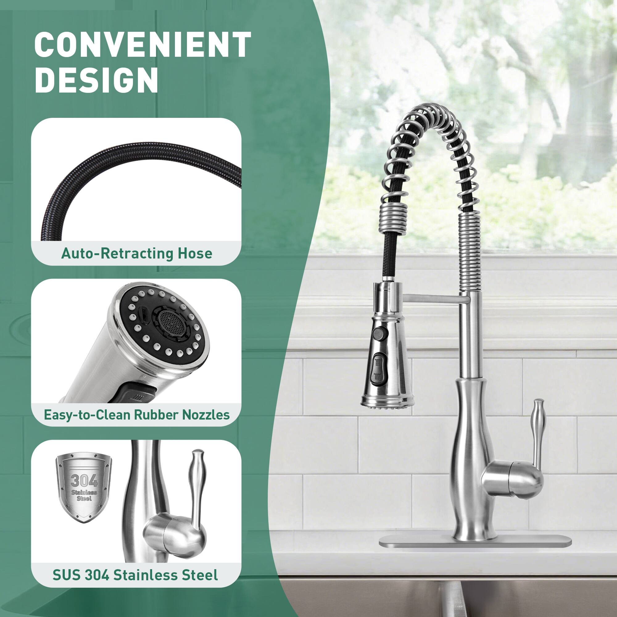 CONVENIENT DESIGN  
Auto-Retracting Hose  
Easy-to-Clean Rubber Nozzles  
SUS 304 Stainless Steel