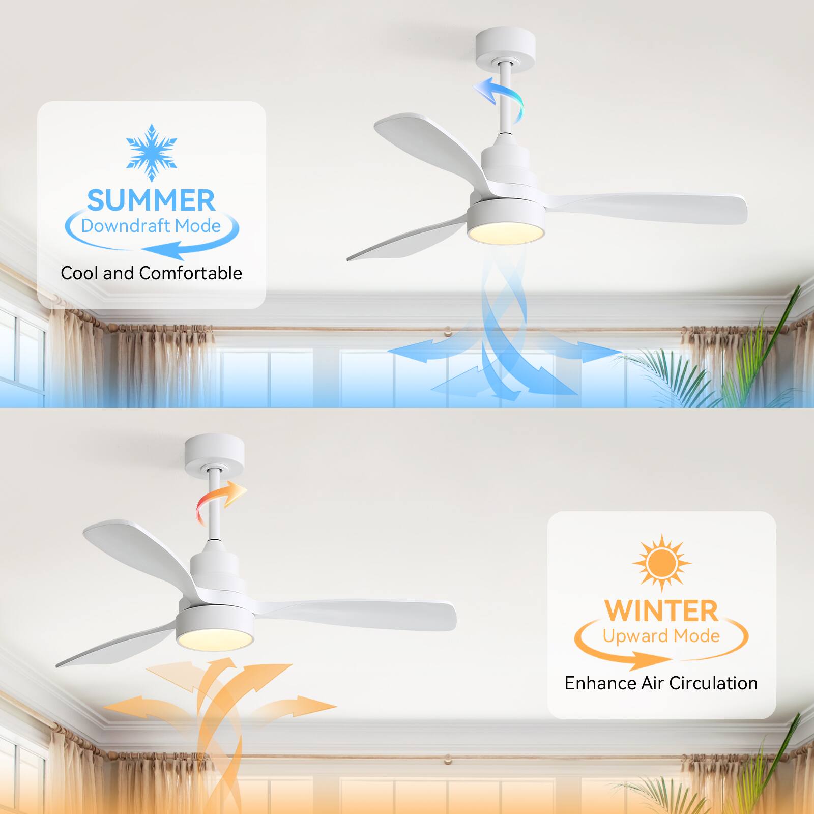 SUMMER  
Downdraft Mode  
Cool and Comfortable  

WINTER  
Upward Mode  
Enhance Air Circulation