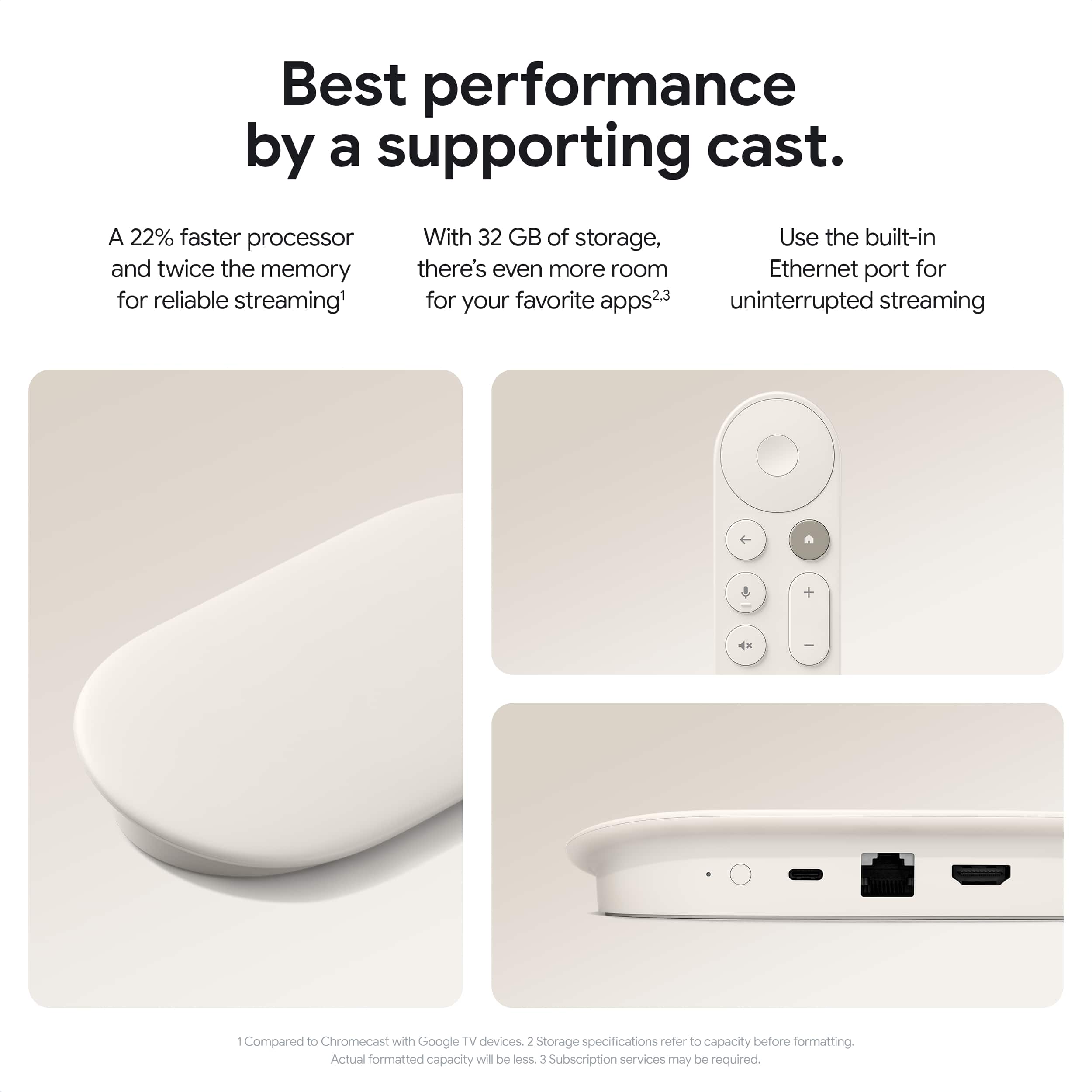 Best performance by a supporting cast.
22% faster processor and twice the memory for reliable streaming.
With 32 GB of storage, there's even more room for your favorite apps.
23 uninterrupted streaming.
Compared to Chromecast with Google TV devices.
Storage specifications refer to capacity before formatting. Actual formatted capacity will be less.
Subscription services may be required.