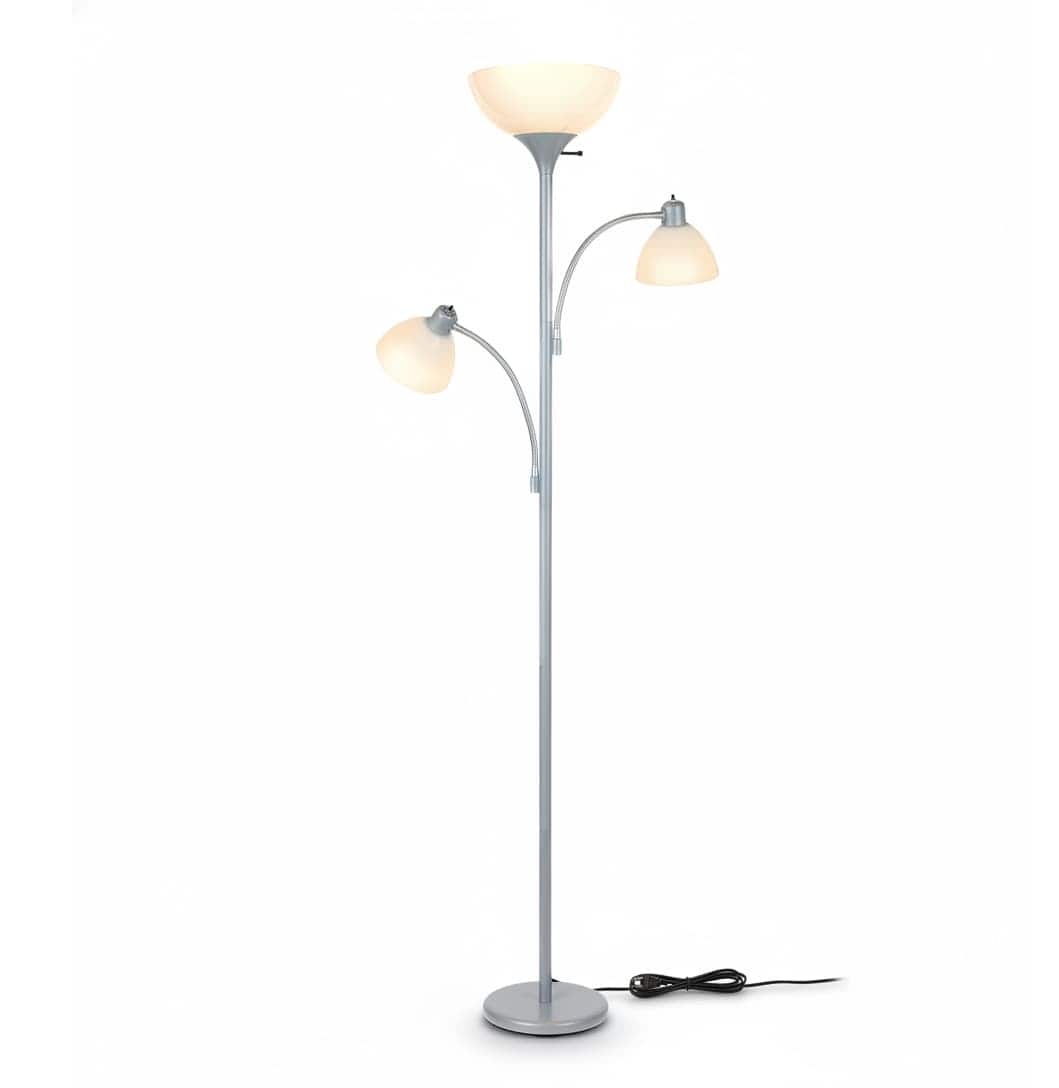 FINEAK - Sky Dome Double LED Torchiere Floor Lamp - Pole Super Bright Dimmable Standing Lamp with 2 Reading Lights - Silver