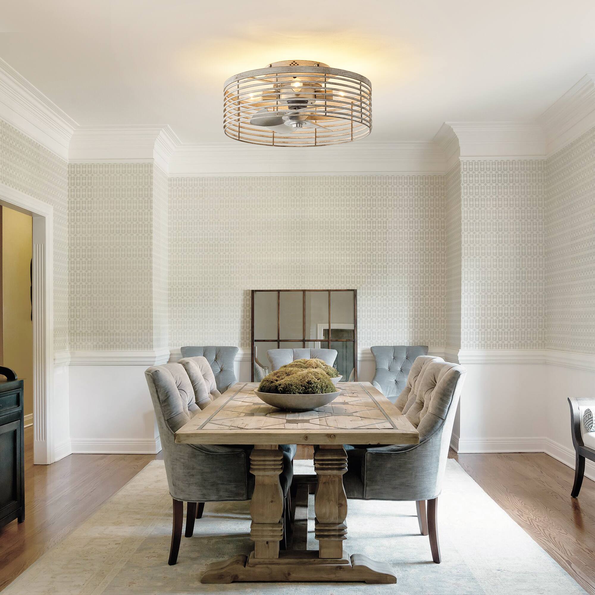 Left. Vaczon - 18" Industrial Caged Ceiling Fan with Light and Remote, 6-Speed Reversible DC Motor, Flush Mount Ceiling Fan - Distressed silver.