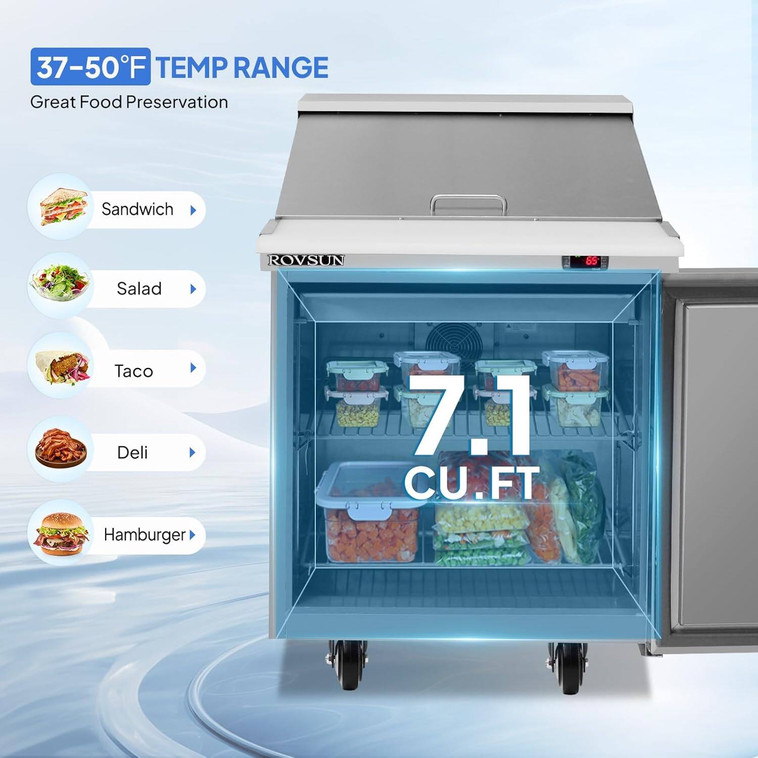 37-50°F TEMP RANGE  
Great Food Preservation  

Sandwich  
Salad  
Taco  
Deli  
Hamburger  

7.1 CU.FT