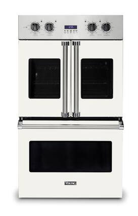 The image shows a white stove with two ovens. The oven on the left has a digital clock displaying the time of 12:05. The oven on the right has a digital clock displaying the time of 12:05 as well. The stove is manufactured by Viking, a well-known brand in the kitchen appliance industry.