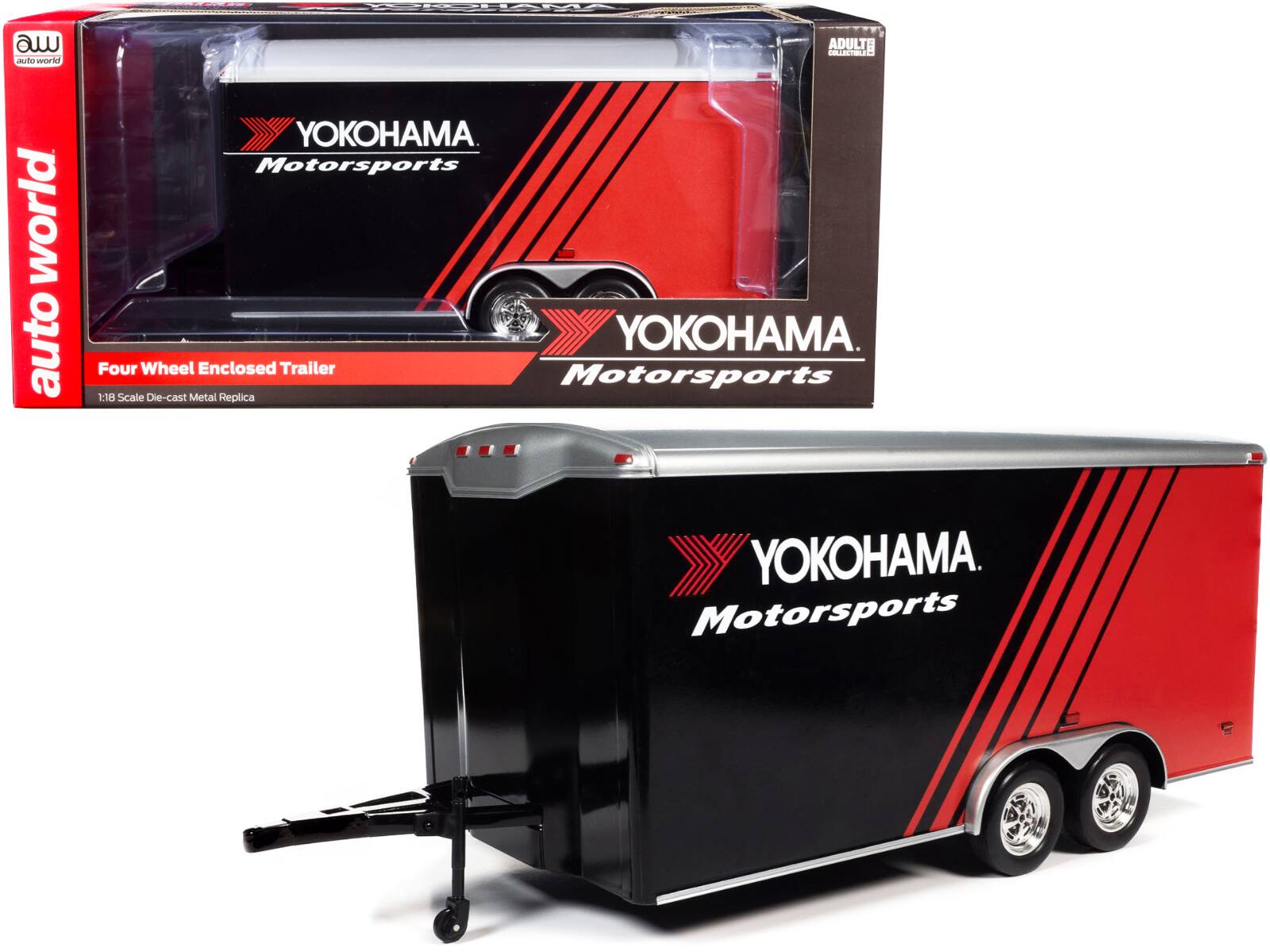 auto world

YOKOHAMA
Motorsports

Four Wheel Enclosed Trailer
1:18 Scale Die-cast Metal Replica