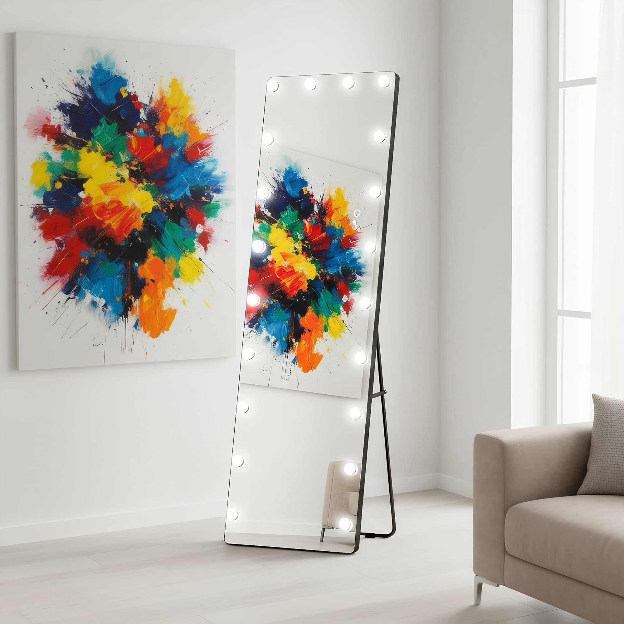 Spaco - 63 x 20 Rectangle LED Full-Length Tempered Mirror with 22 Dimmable Bulbs and 3 Colors Smart Touch Control - White