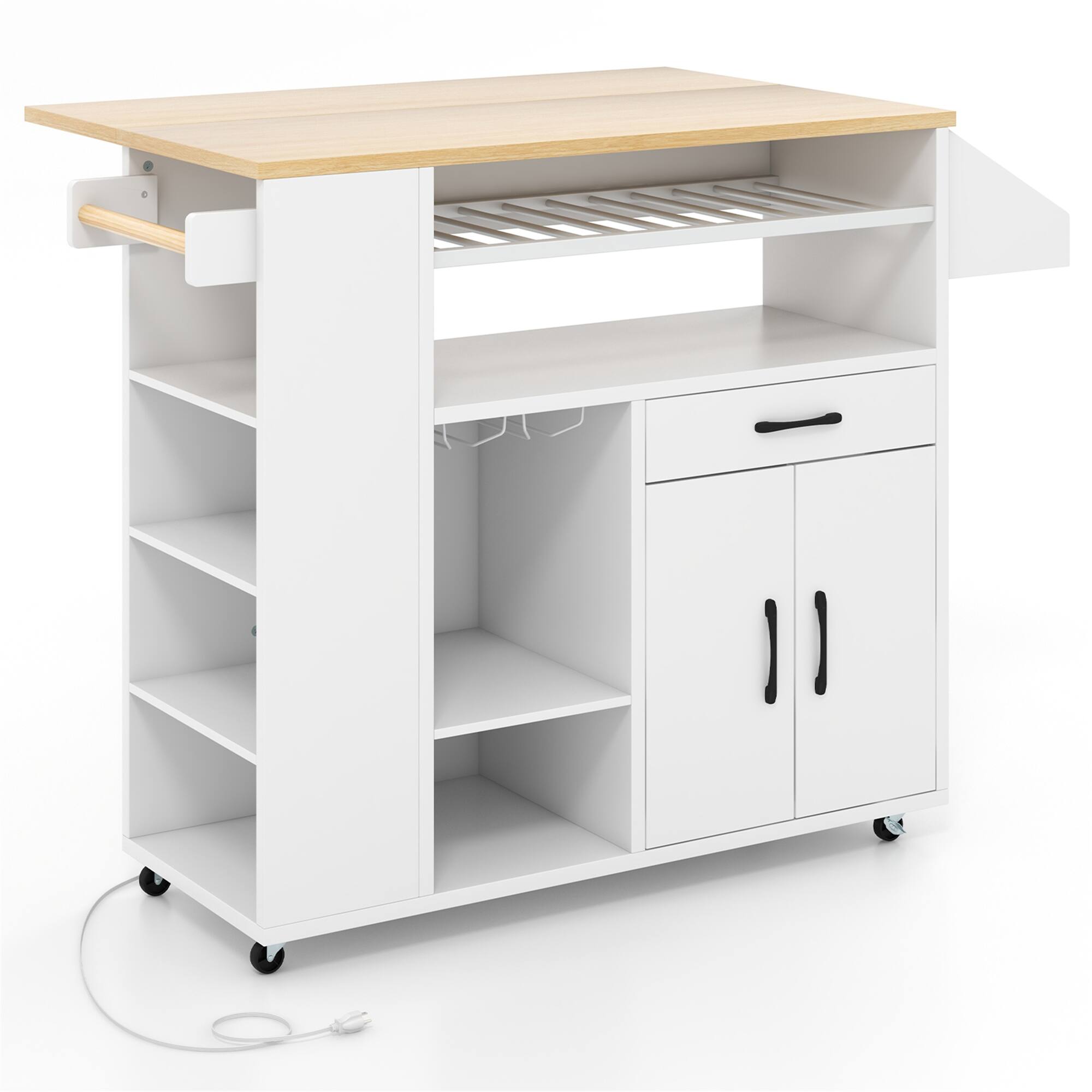 Alt View 9. Gymax - Gymax Drop-Leaf Kitchen Island Cart w/ Power Outlet Wine Rack Glass Holder Drawer - White, Natural.