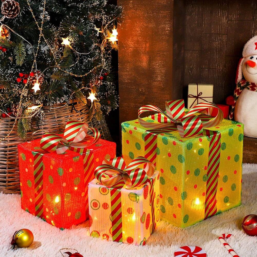 Front. Schertz - Set of 3 Pre-Lit Christmas Gift Boxes, 60-LED, Battery - Operated - red, green and white.
