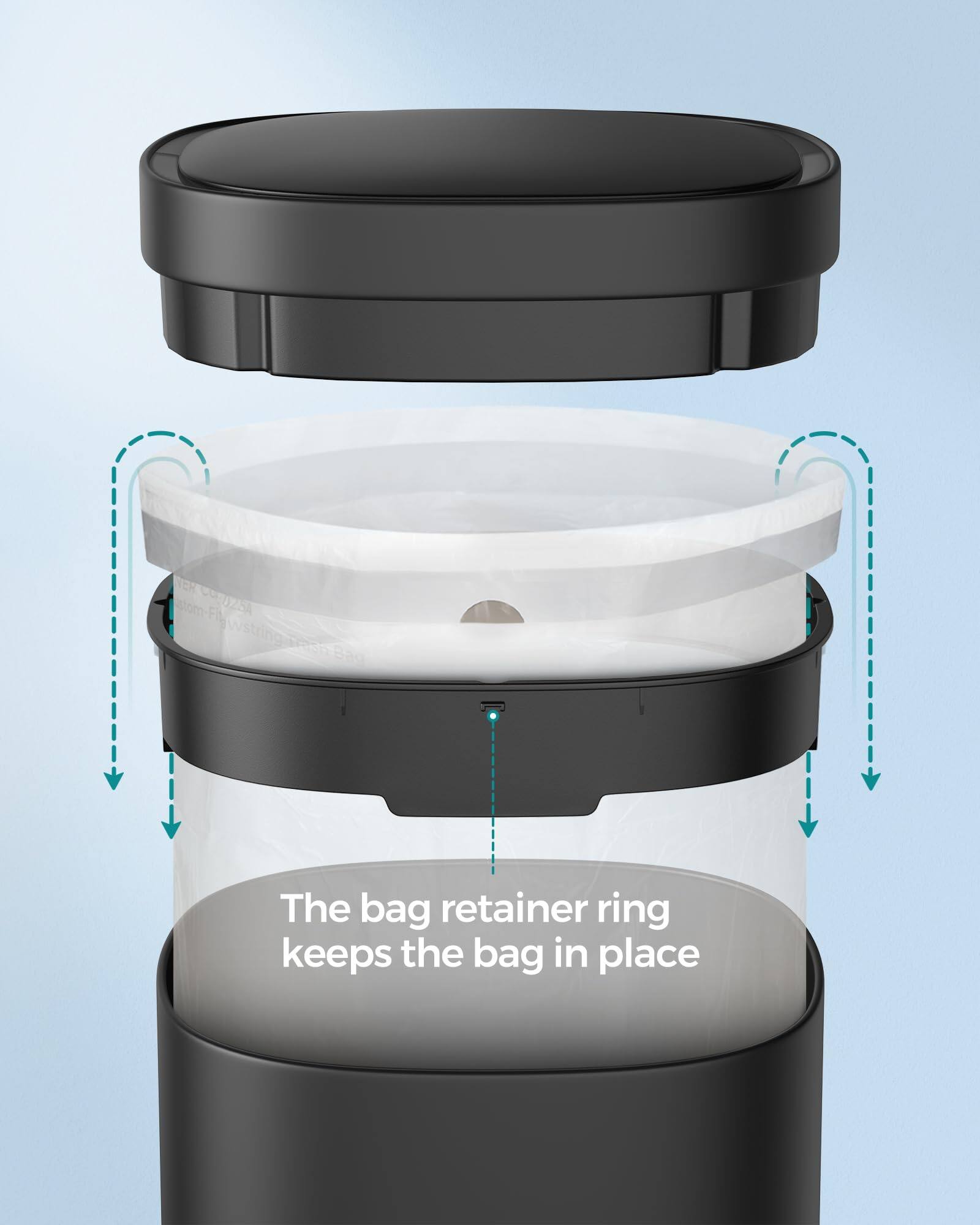The bag retainer ring keeps the bag in place.