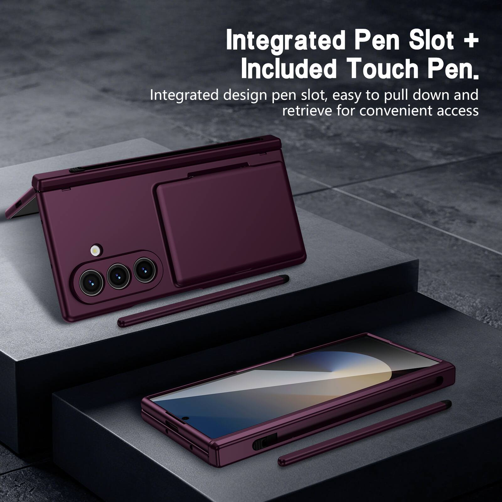 Integrated Pen Slot + Included Touch Pen.  
Integrated design pen slot, easy to pull down and retrieve for convenient access