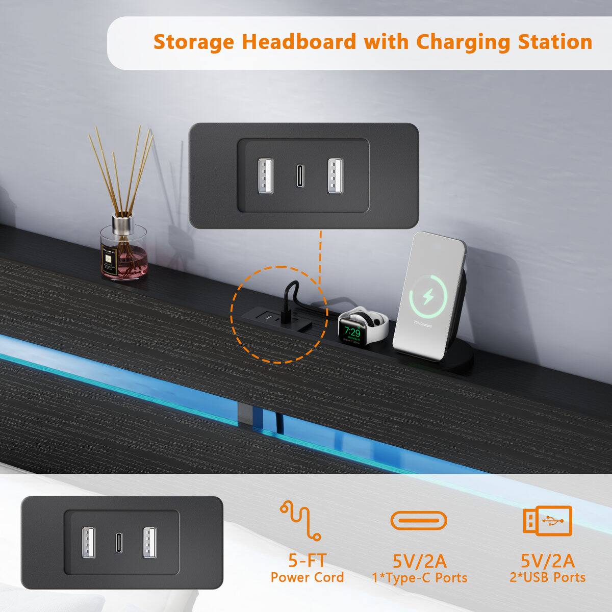 Storage Headboard with Charging Station

7:29

5-FT Power Cord

5V/2A 1*Type-C Ports

5V/2A 2*USB Ports