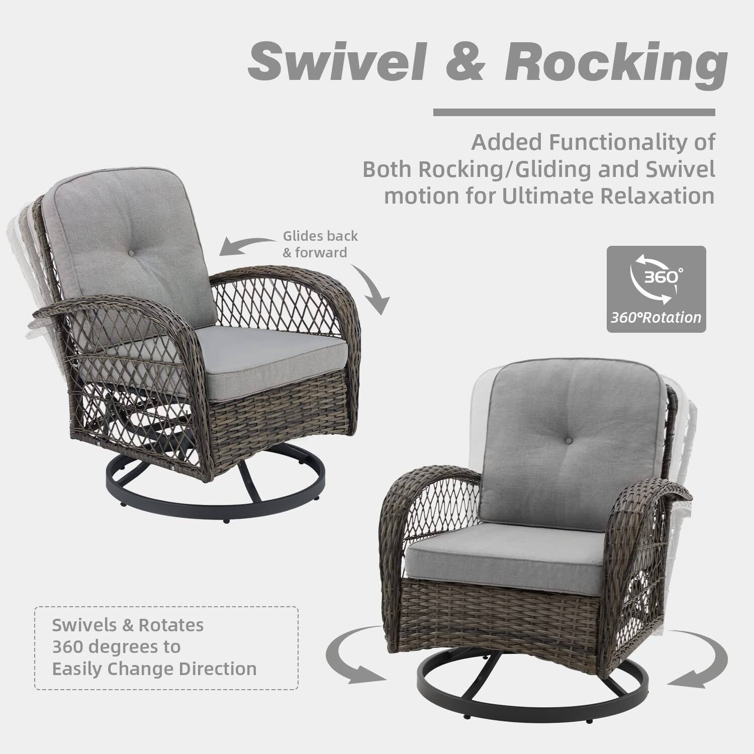 Swivel & Rocking

Added Functionality of Both Rocking/Gliding and Swivel motion for Ultimate Relaxation

Glides back & forward

360° Rotation

Swivels & Rotates 360 degrees to Easily Change Direction