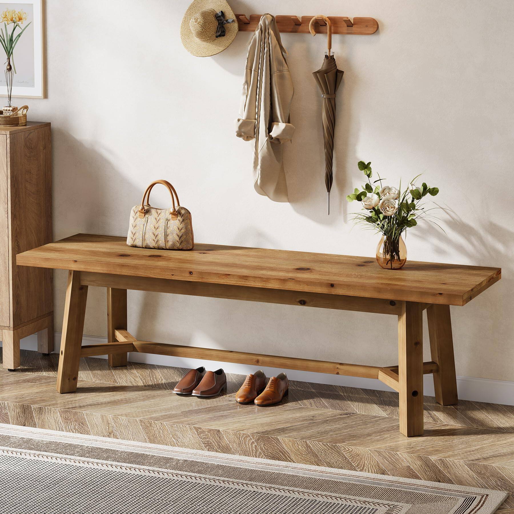 Alt View 4. Tribesigns - 55" Solid Wood Bench, Farmhouse Bench Seat for Entryway - Rustic Brown.