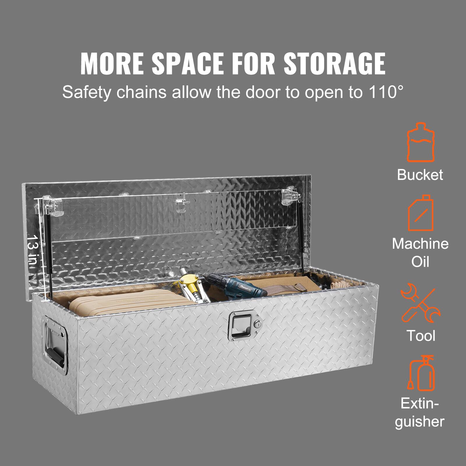MORE SPACE FOR STORAGE  
Safety chains allow the door to open to 110°

- Bucket
- Machine Oil
- Tool
- Extinguisher