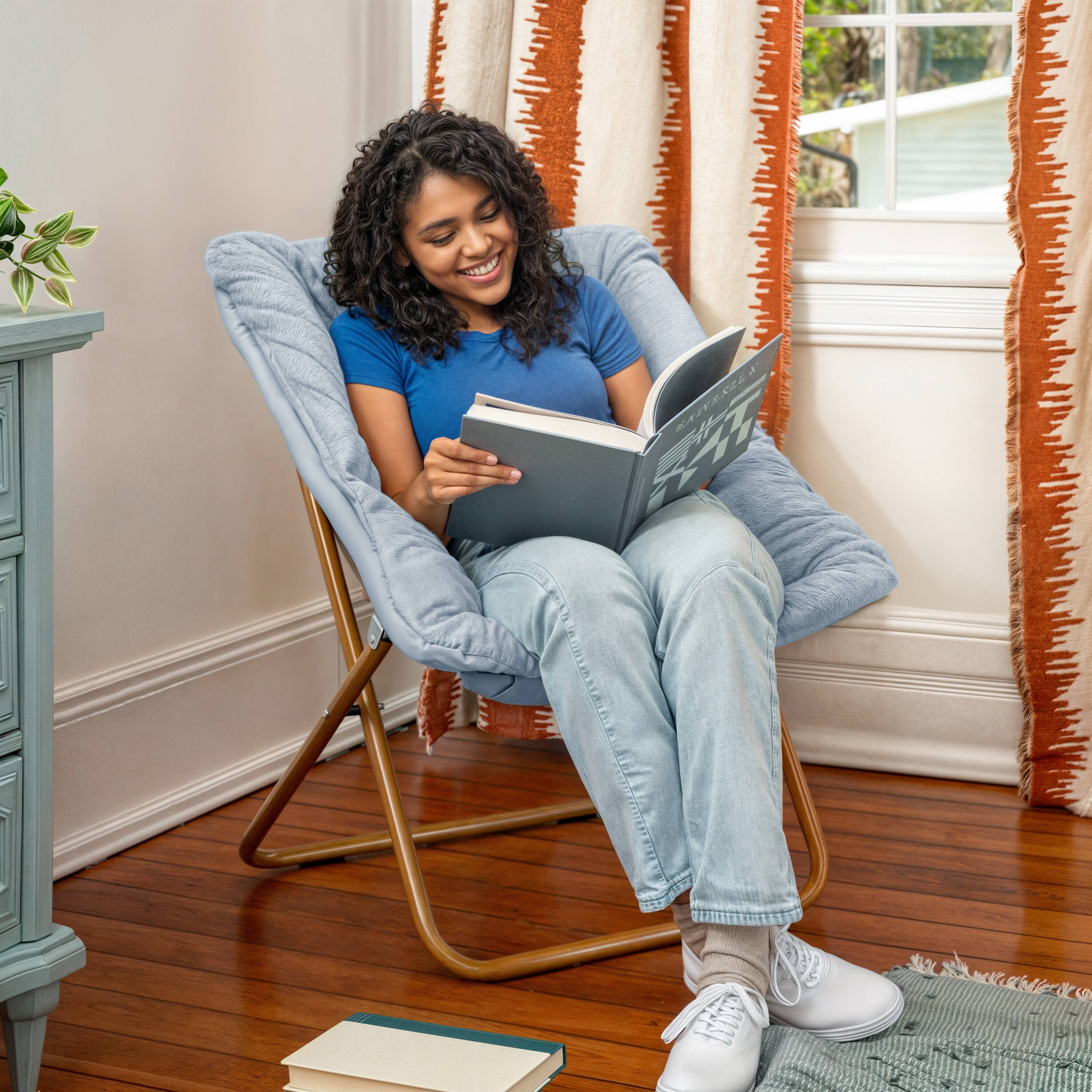 Alt View 3. Emma + Oliver - Aisling Oversized Folding Saucer Chair for Dorm, Bedroom - Aqua Fabric/Soft Gold Frame.