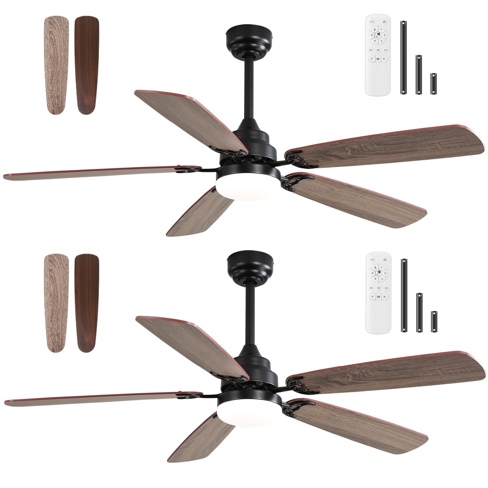 Sofucor - 52 Inch Flush Mount LED Ceiling Fan With Dual Finish Blades and Remote Modern Low Profile Ceiling Fan Bedroom Farmhouse - Black - 2PCS