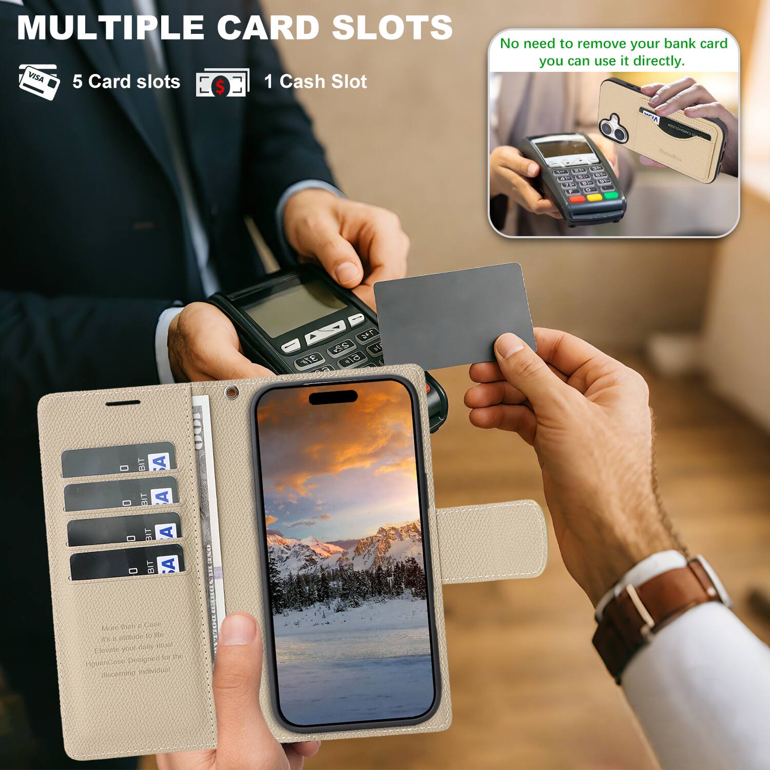 MULTIPLE CARD SLOTS  
5 Card slots  
1 Cash Slot  

No need to remove your bank card, you can use it directly.
