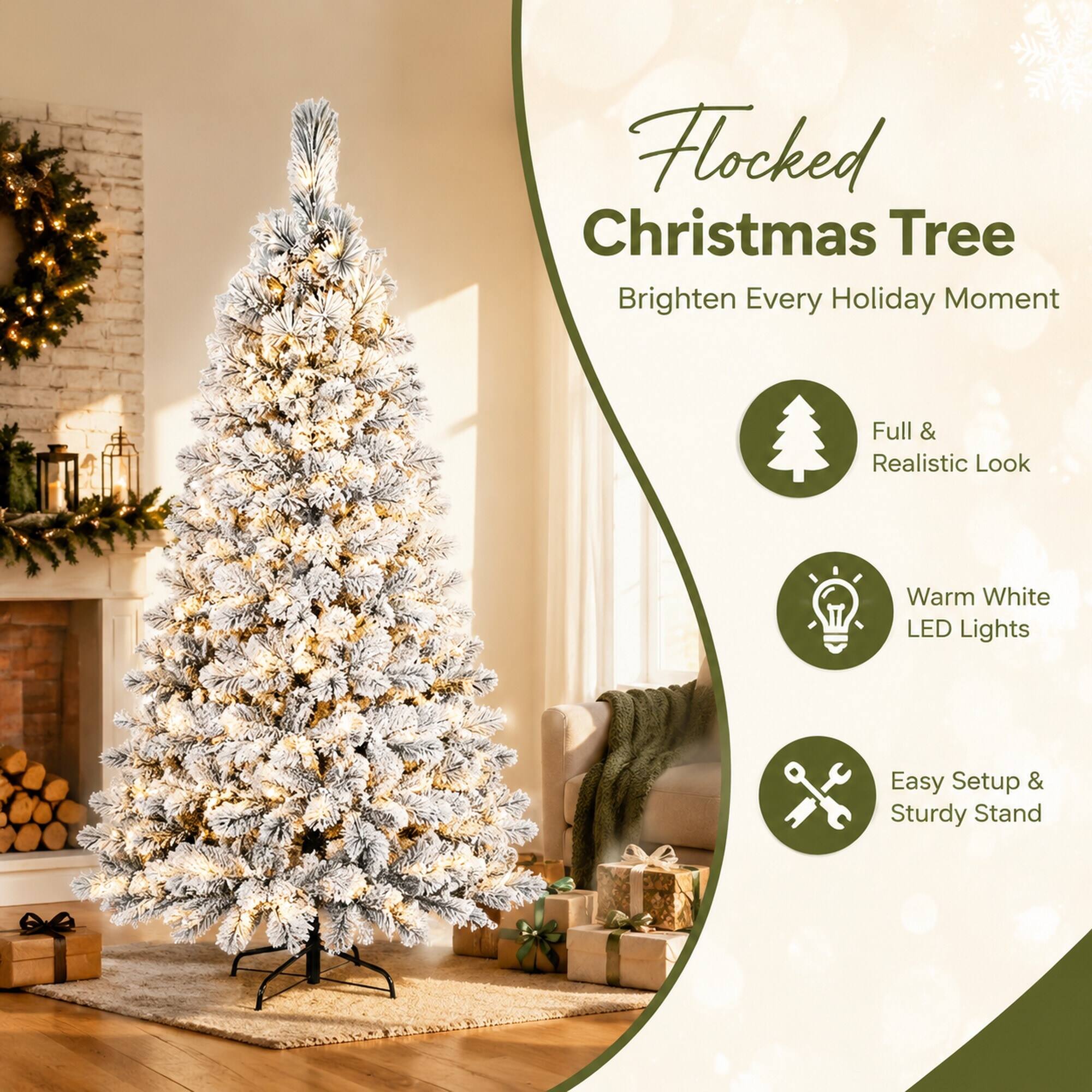 Flocked Christmas Tree  
Brighten Every Holiday Moment  

Full & Realistic Look  
Warm White LED Lights  
Easy Setup & Sturdy Stand