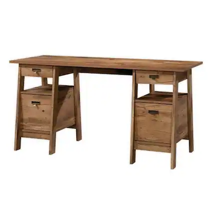 Front. Hivvago - FarmHouse Rustic Oak Executive Desk w/ Filing Cabinets Storage - Brown.