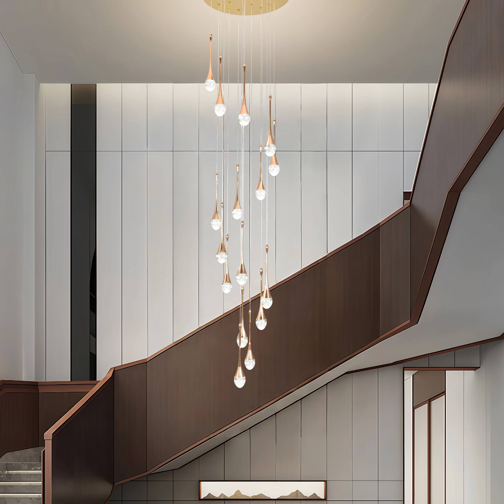 Back. RYHNUYNE - 16-Light Gold Large Modern Chandelier, Crystal Staircase Chandelier with Remote, Dimmable LED Raindrop Lighting Chandeli - Gold.