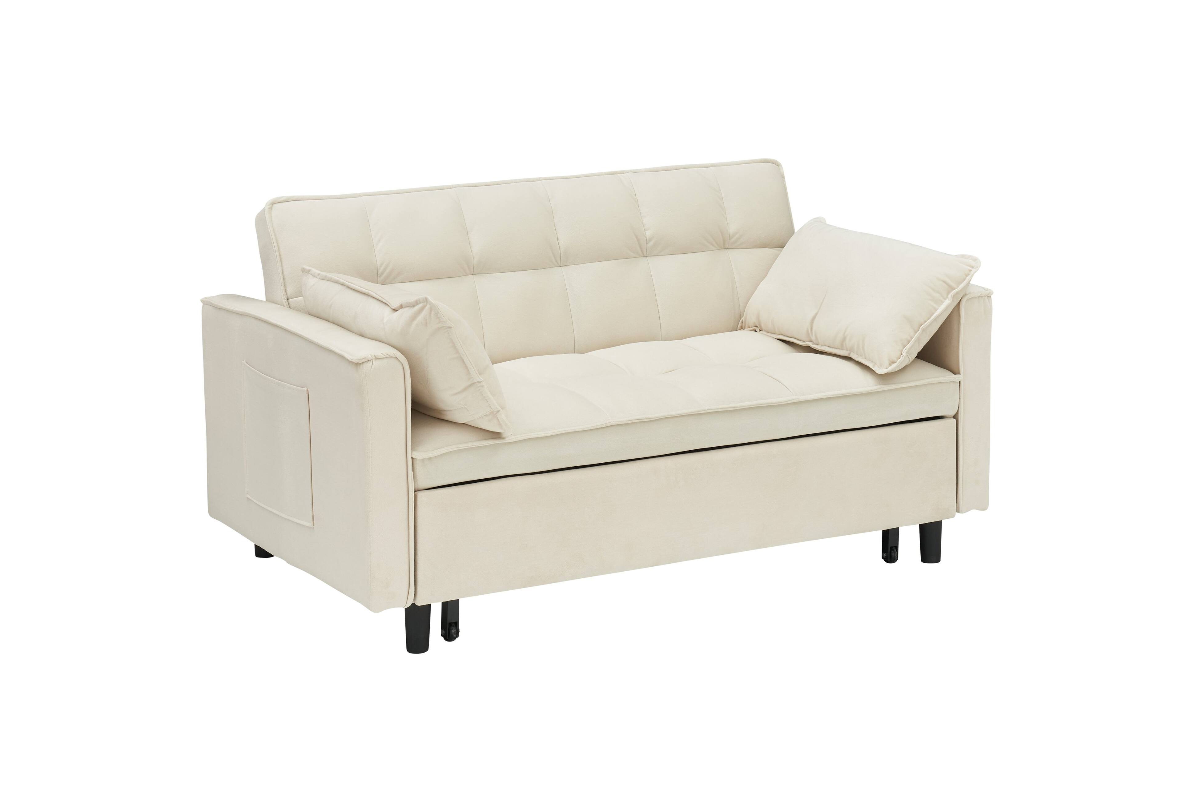 Angle. GOODSILO - Elegant 55-Inch Velvet Sofa Bed with Storage Pockets - Three-in-One Convertible Design - Beige.