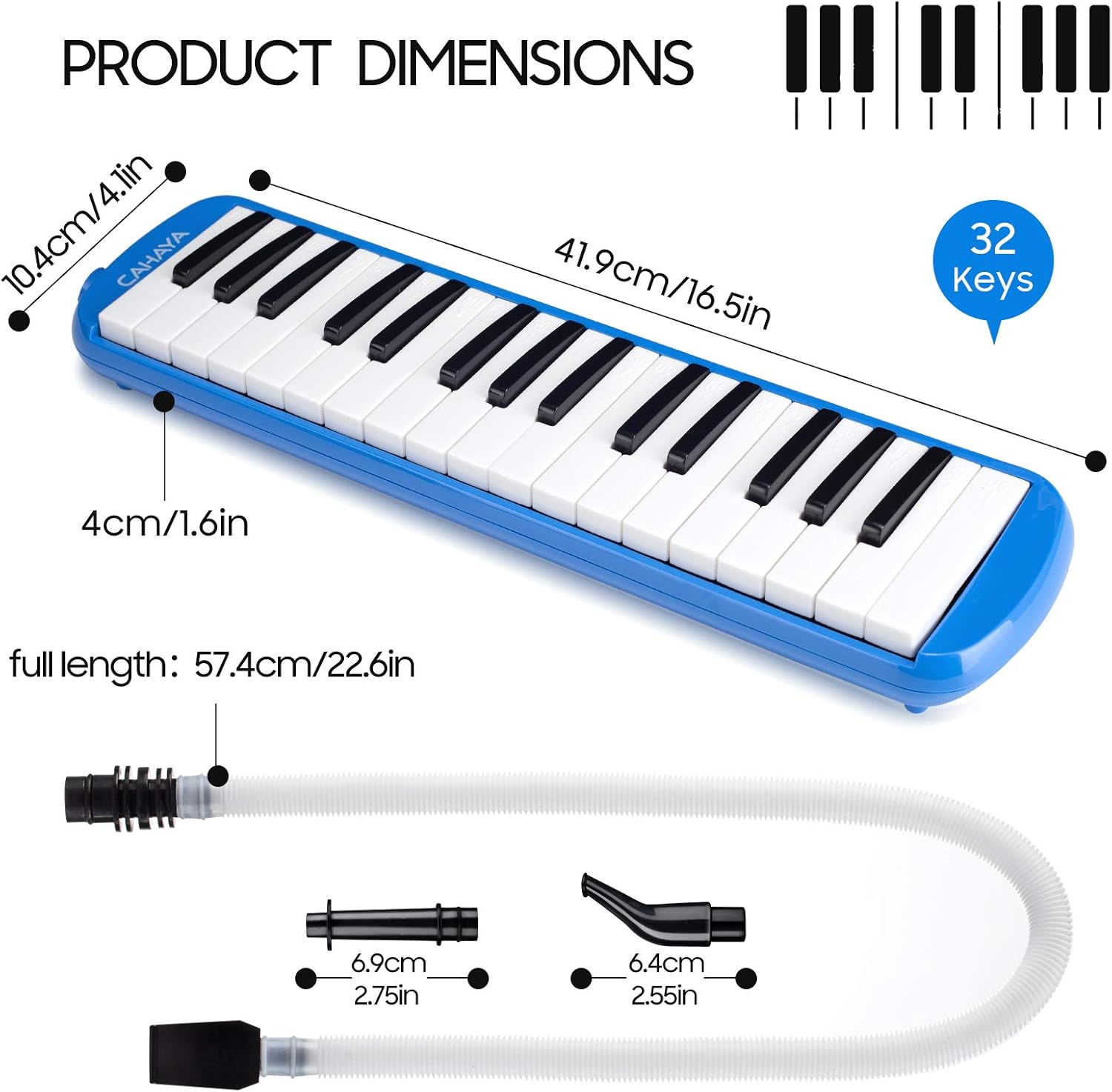 PRODUCT DIMENSIONS

- Width: 10.4cm/4.1in
- Depth: 41.9cm/16.5in
- Height: 4cm/1.6in
- Full length: 57.4cm/22.6in

32 Keys

- 6.9cm/2.75in
- 6.4cm/2.55in