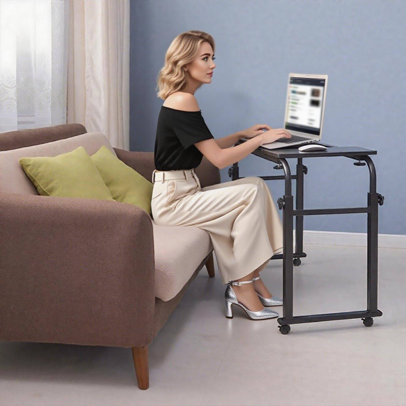 Alt View 5. Homhougo - Mobile Laptop Desk - Portable Adjustable Height Cart Table with Wheels for Home Office Workstation - Black 120cm.