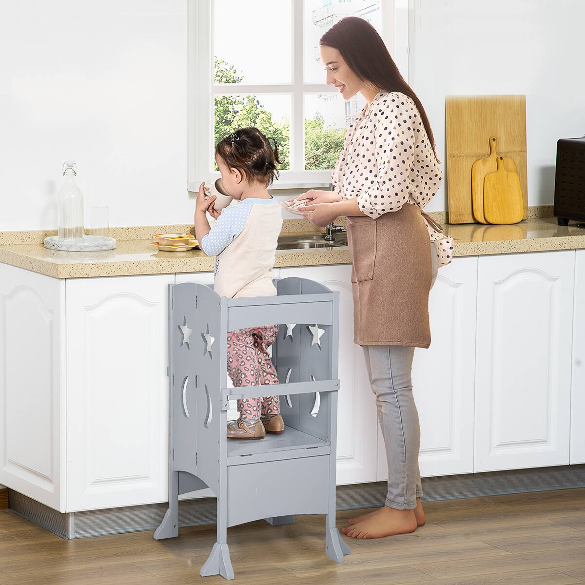 Angle. Qaba - Wooden Kitchen Step Stool, Foldable Toddler Tower, Helper Stool, Kitchen Counter, Support Handles, Safety Rail - grey.