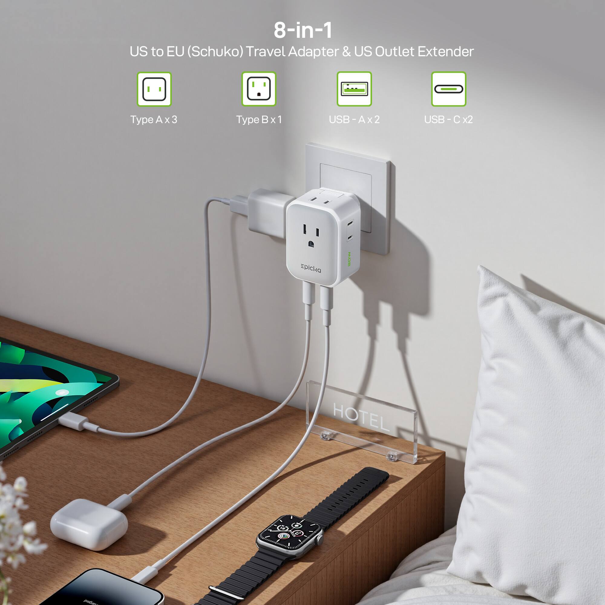 8-in-1  
US to EU (Schuko) Travel Adapter & US Outlet Extender  
Type A x 3  
Type B x 1  
USB-A x 2  
USB-C x 2