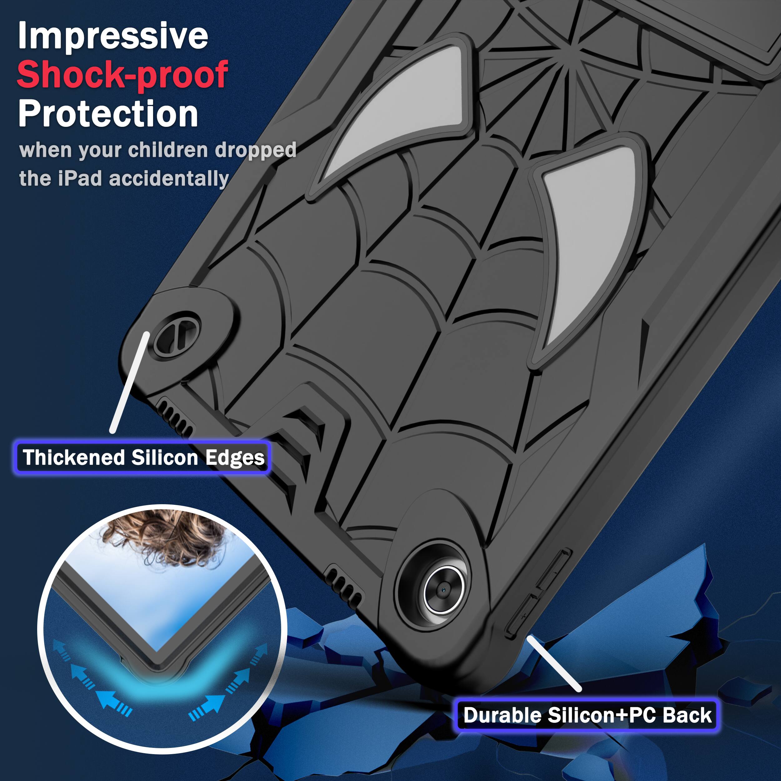 Impressive Shock-proof Protection when your children dropped the iPad accidentally

Thickened Silicon Edges

Durable Silicon+PC Back