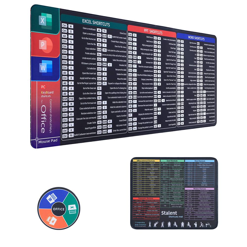 Oumilen - Office Shortcut Mouse Pad - 31.5" × 11.8" Large Extended Desk Mat with Excel, Word, PPT Shortcuts for Office Workers - Black
