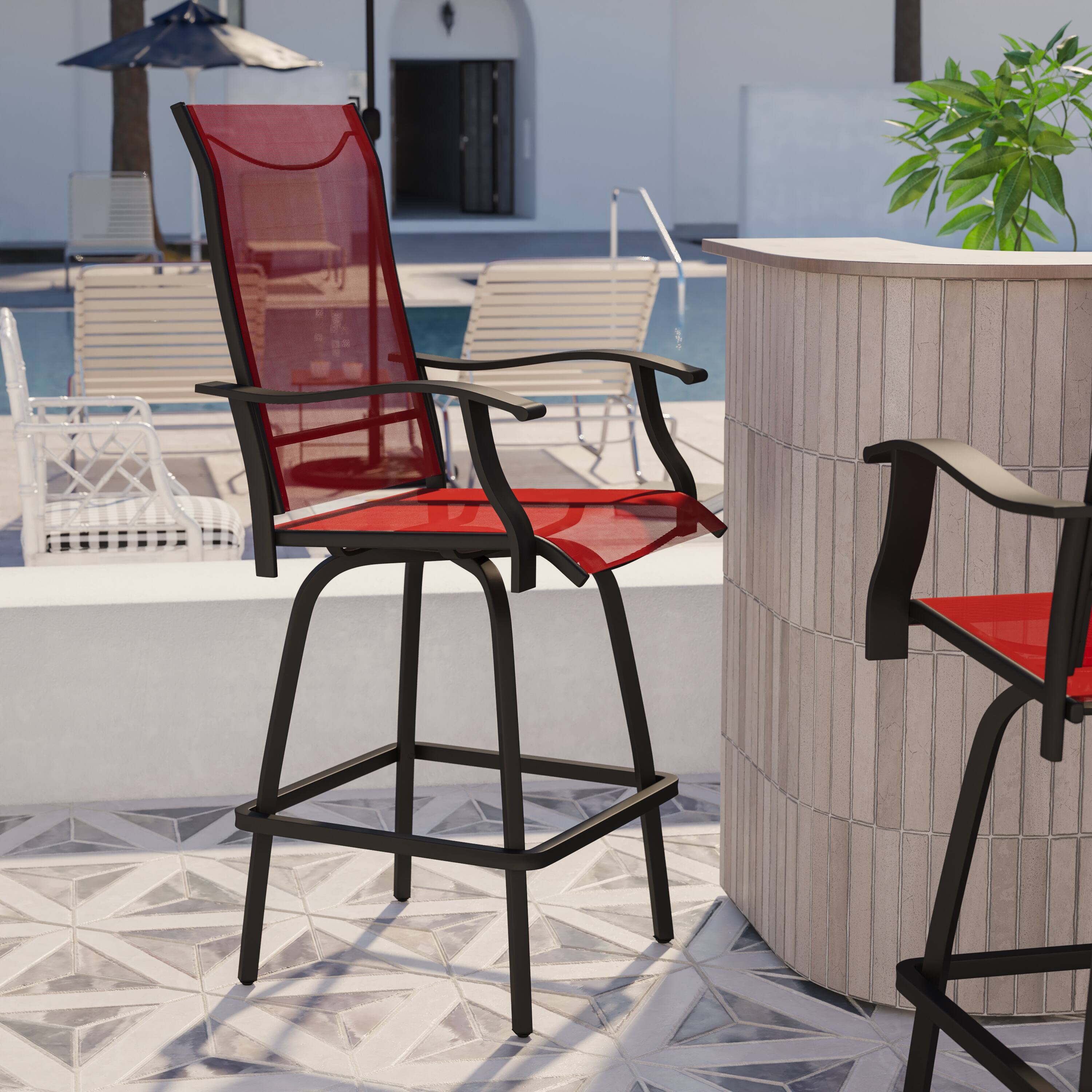Alt View 2. Flash Furniture - Valerie Patio Bar Height Stools Set of 2, All-Weather Textilene Swivel Patio Stools with High Back & Armrests in Red - Red.