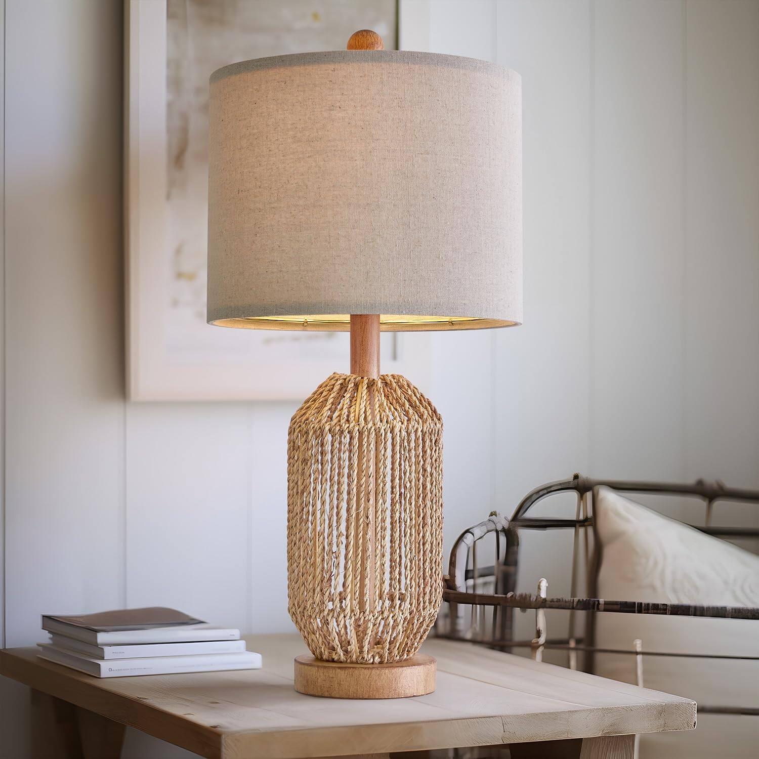 Back. Stamp n Camp - OYEARS 21" Boho Table Lamp for Living Room Bedside Lamp for Nightstands Rattan Lamp for Bedroom Farmhouse Table Lamp... - Brown - Pack 2.