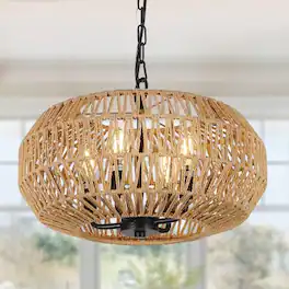 LUCKY ONE - 15.7in Hanging Rattan Chandelier, 4-Light Boho Wicker Pendant Light for Dining Room Kitchen Island - Brown