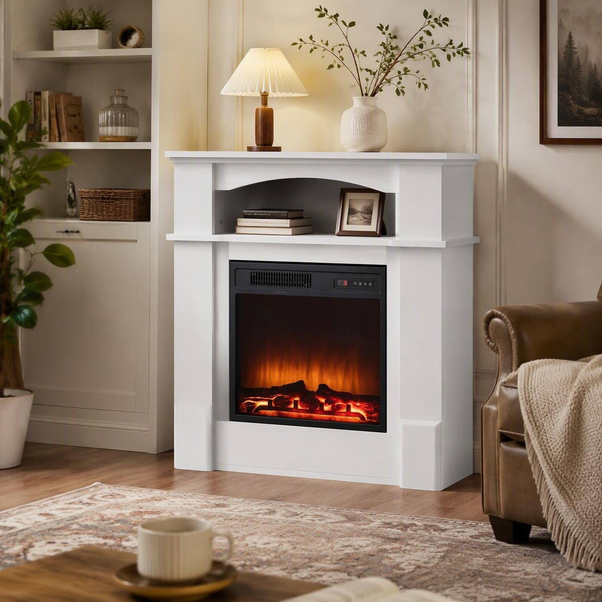 Angle. RYHNUYNE - 33 Inch White Freestanding Electric Fireplace Heater With Mantel, Adjustable Flames Remote Timer Overheat Protection - Black White.