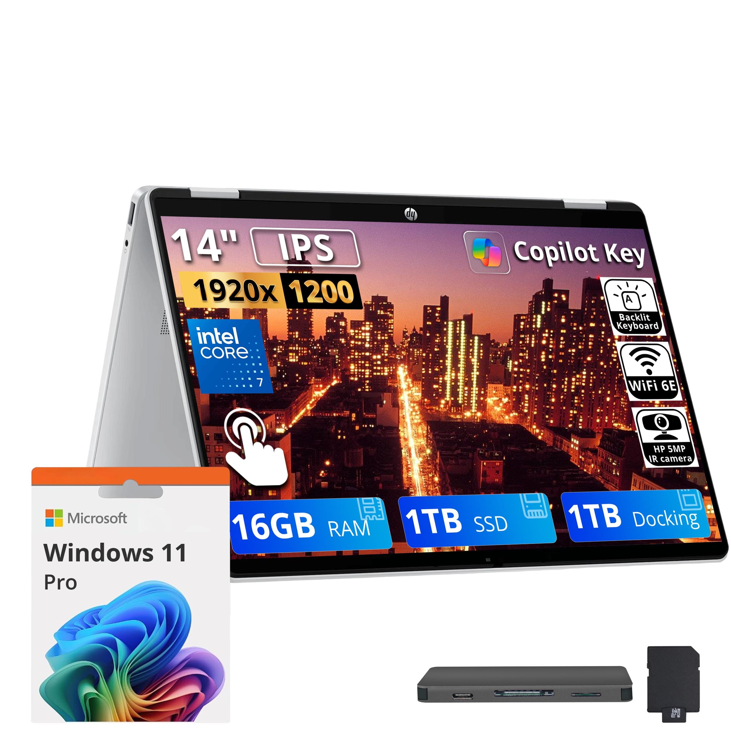 14" IPS 1920x1200  
Intel Core i7  
Copilot Key  
Backlit Keyboard  
WiFi 6E  
HP 5MP IR camera  
Microsoft Windows 11 Pro  
16GB RAM  
1TB SSD  
1TB Docking