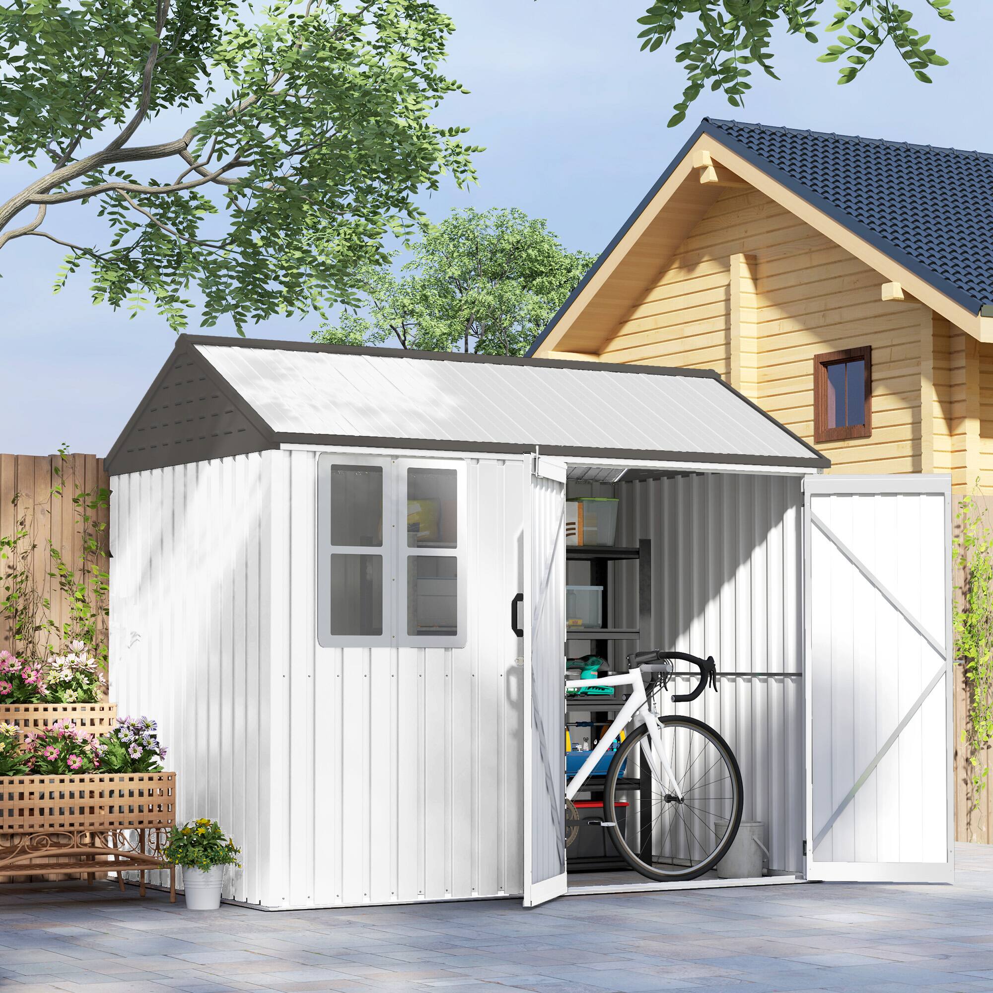 Alt View 1. Outsunny - 8' x 6' Outdoor Storage Shed, Metal Garden Shed with Window & Double Lockable Door, Outdoor Tool Shed Storage.