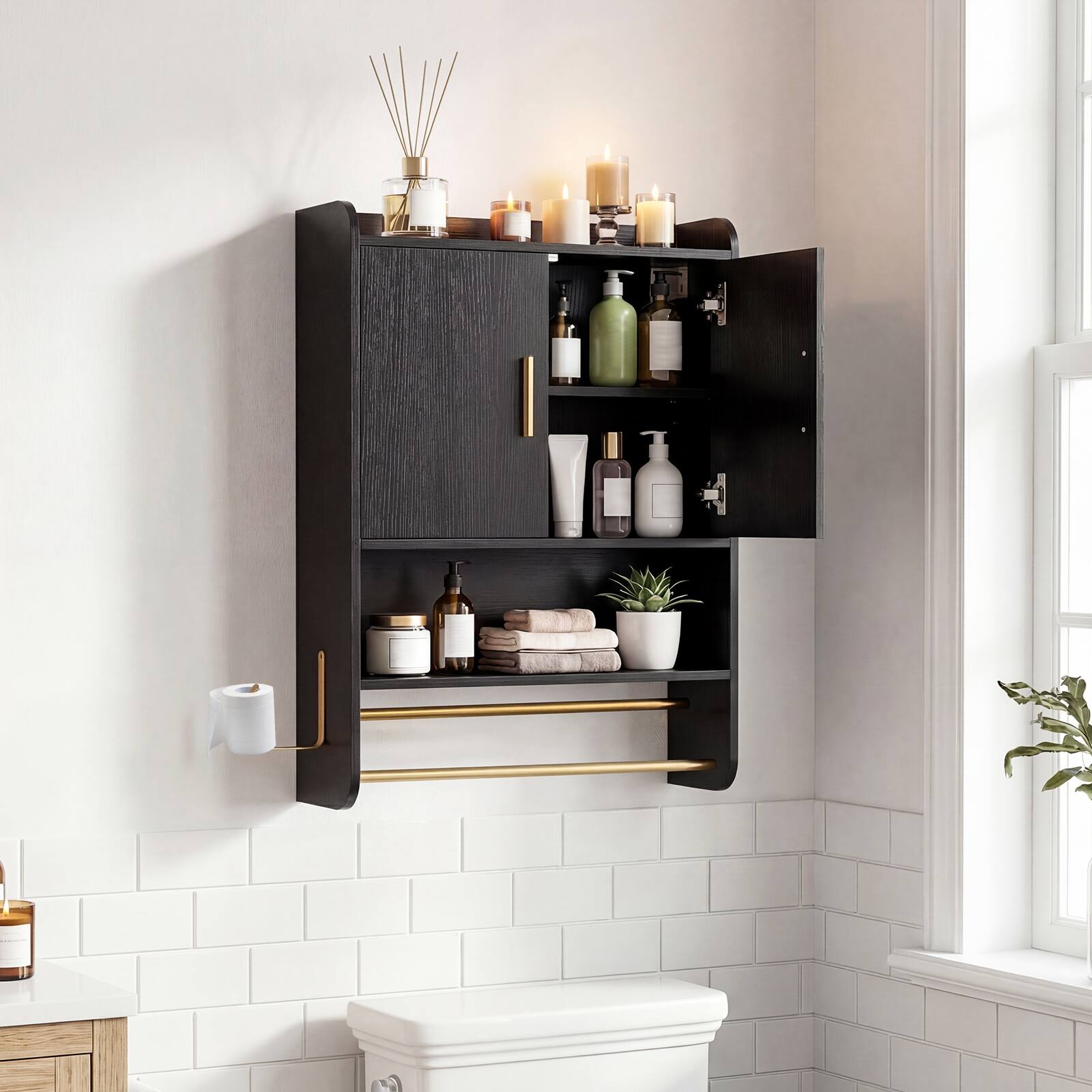 Alt View 3. Costway - Costway Bathroom Wall Cabinet with Towel Bars, Toilet Paper Holder, Adjustable Shelf - Black.