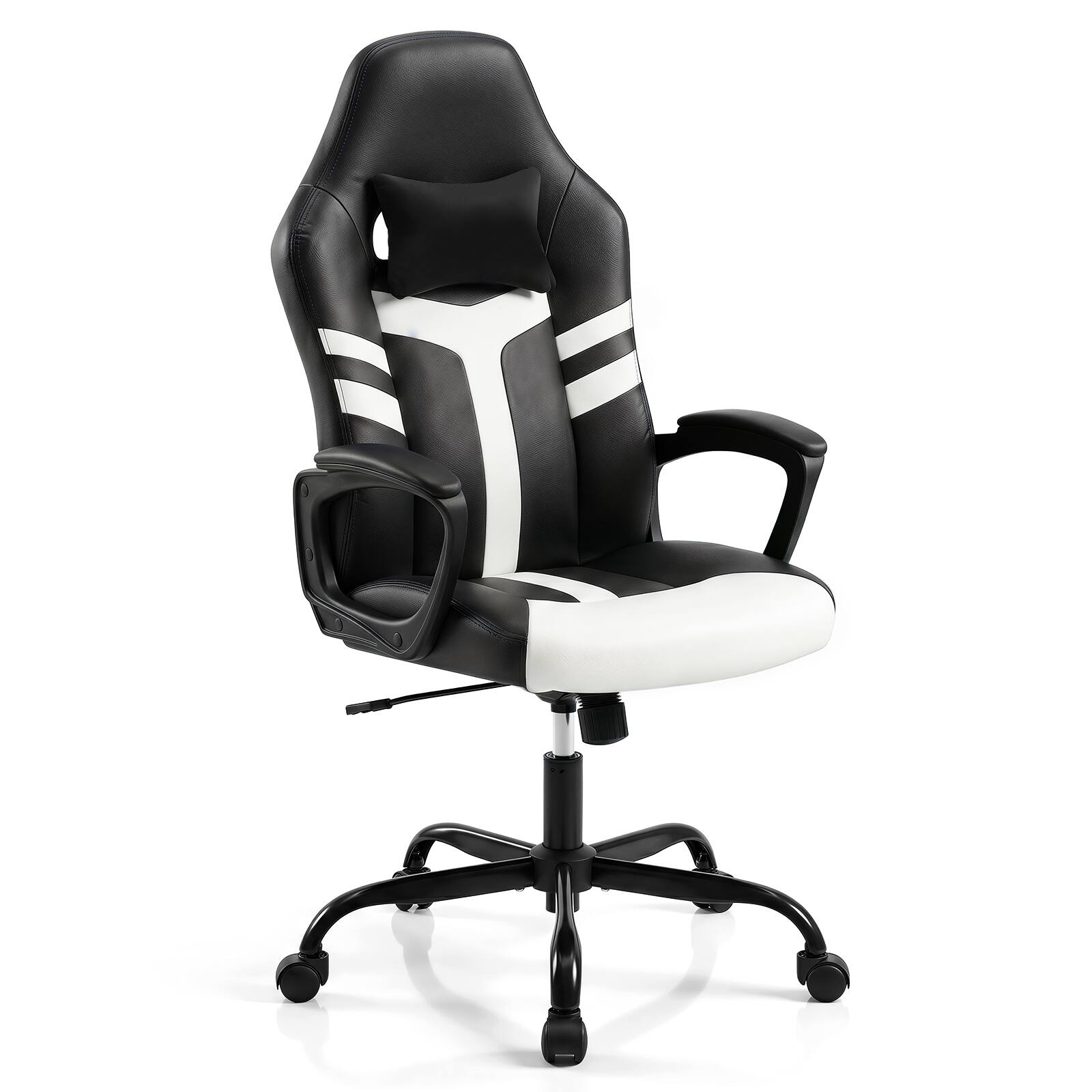Alt View 9. Costway - Costway Faux Leather Upholstered Office Chair with Removable Head Pillow, Padded Armrests - White + Black.