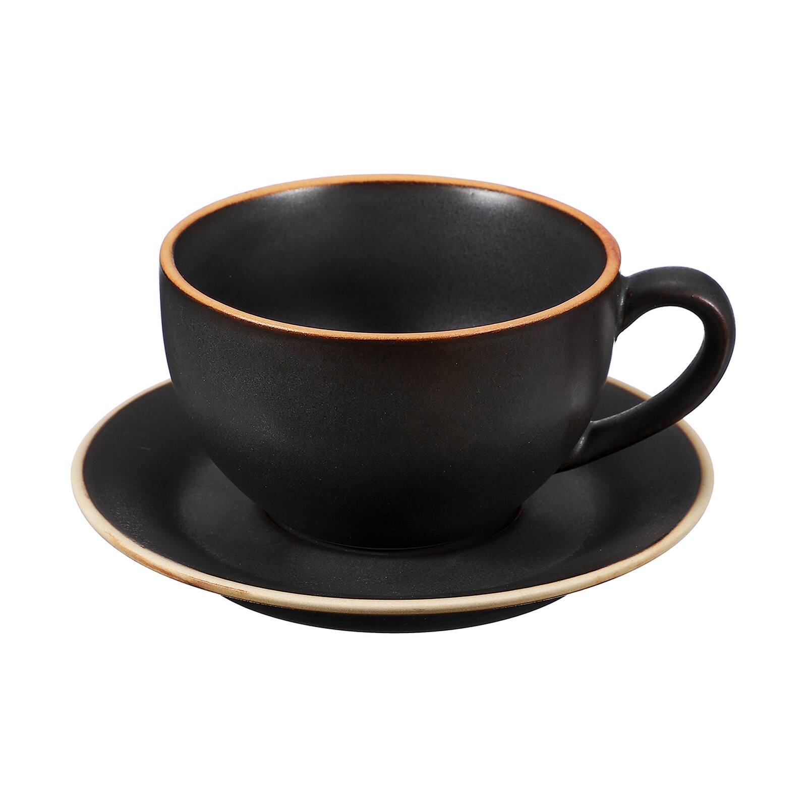 Front. Unique Bargains - Handmade Vintage Espresso Cups, 9.5oz Coffee Cups & Saucers Ceramic Tea Cup w/Handle, Microwave Safe - Morandi Black.