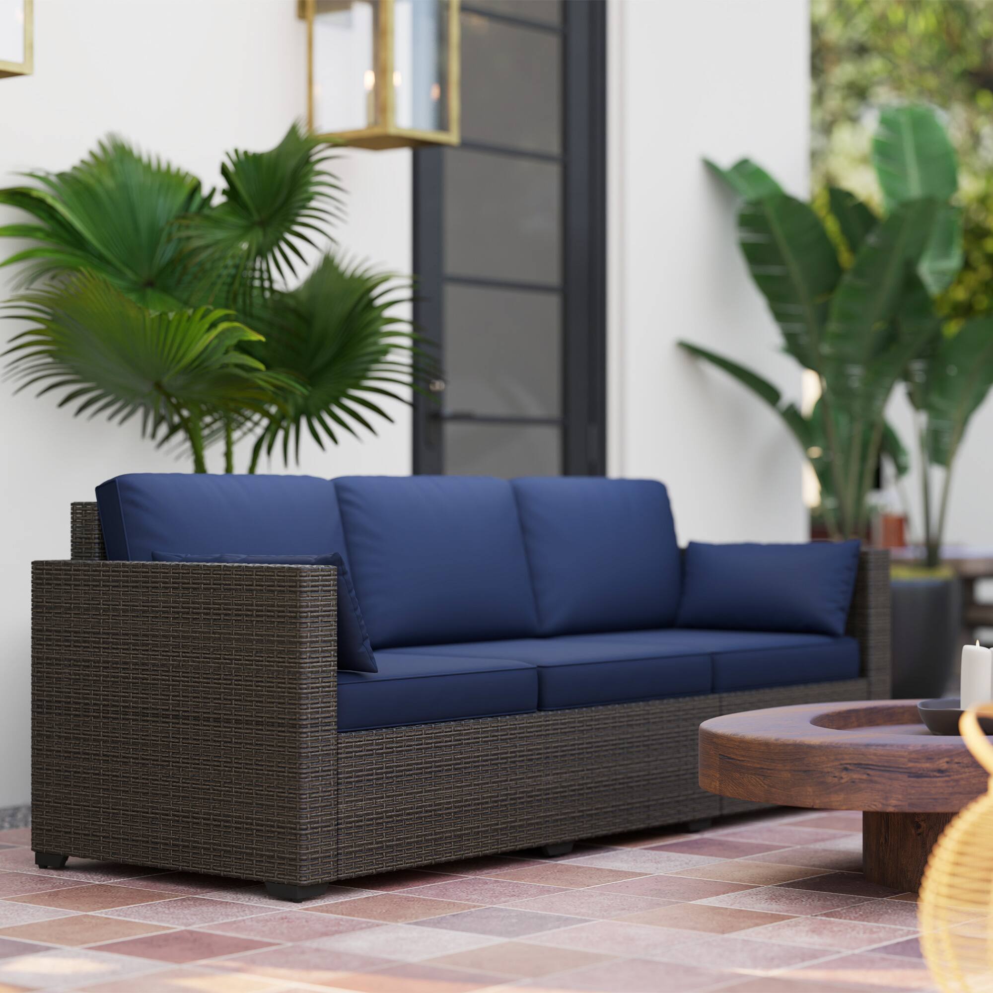 Alt View 1. Outsunny - Couch PE Wicker Deep Seating Outdoor Sofa with Removable Cushions, 3 Seater Rattan Sofa - Navy Blue.