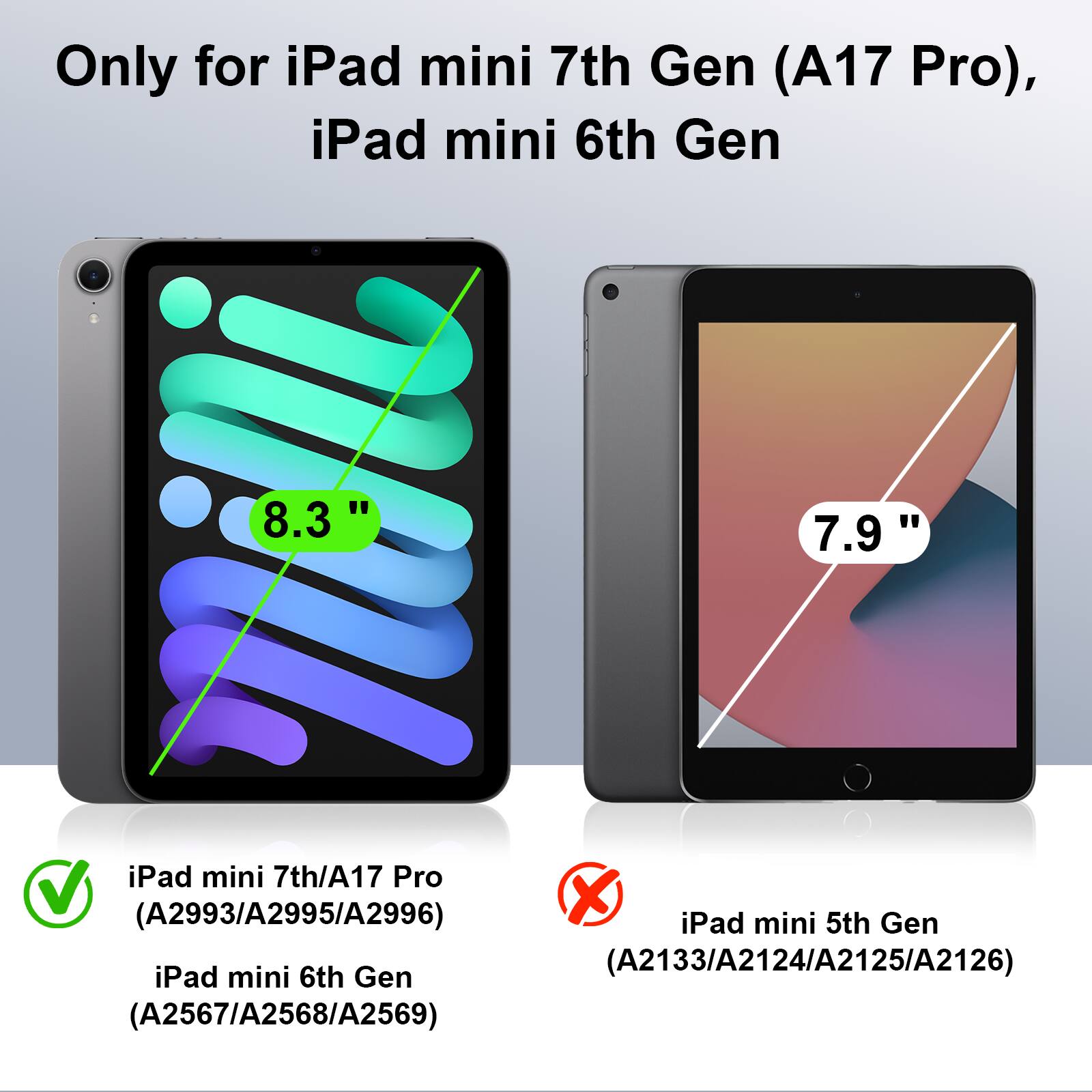 Only for iPad mini 7th Gen (A17 Pro), iPad mini 6th Gen 8.3" 7.9" iPad mini 7th/A17 Pro (A2993/A2995/A2996) X iPad mini 5th Gen iPad mini 6th Gen (A2133/A2124/A2125/A2126) (A2567/A2568/A2569)